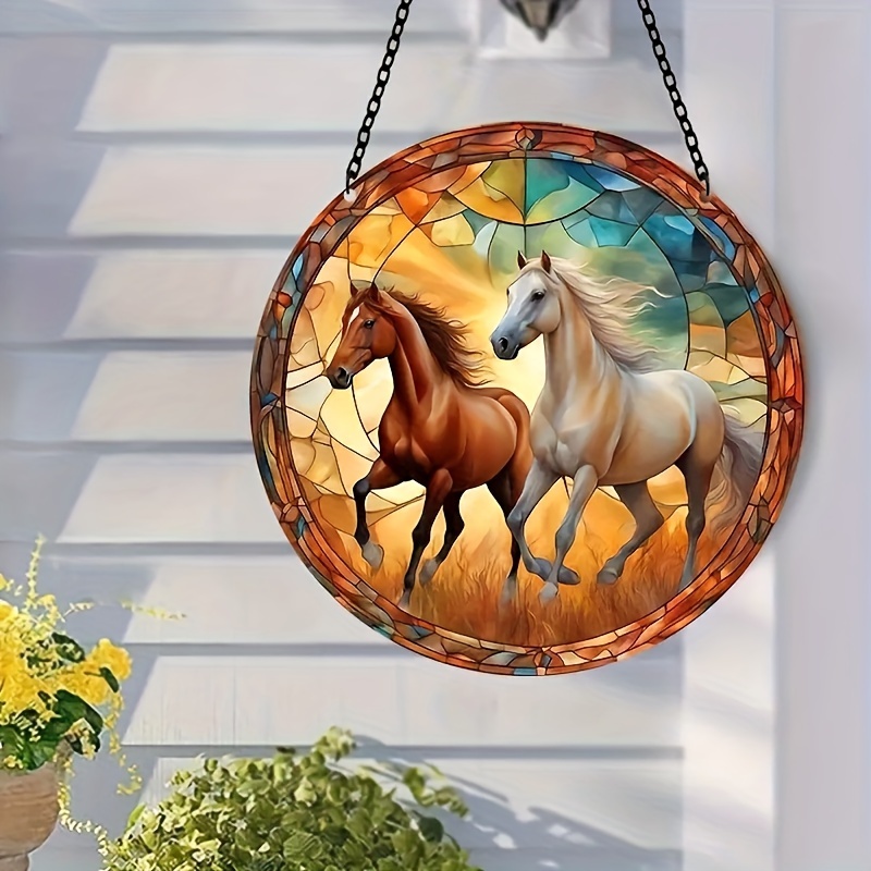 

1pc Horse Hanging Window Pendant With Metal Chain, Stain Plastic Window Hanging Wall Art Decor, Yard Craft Art Decor, Christmas Decoration