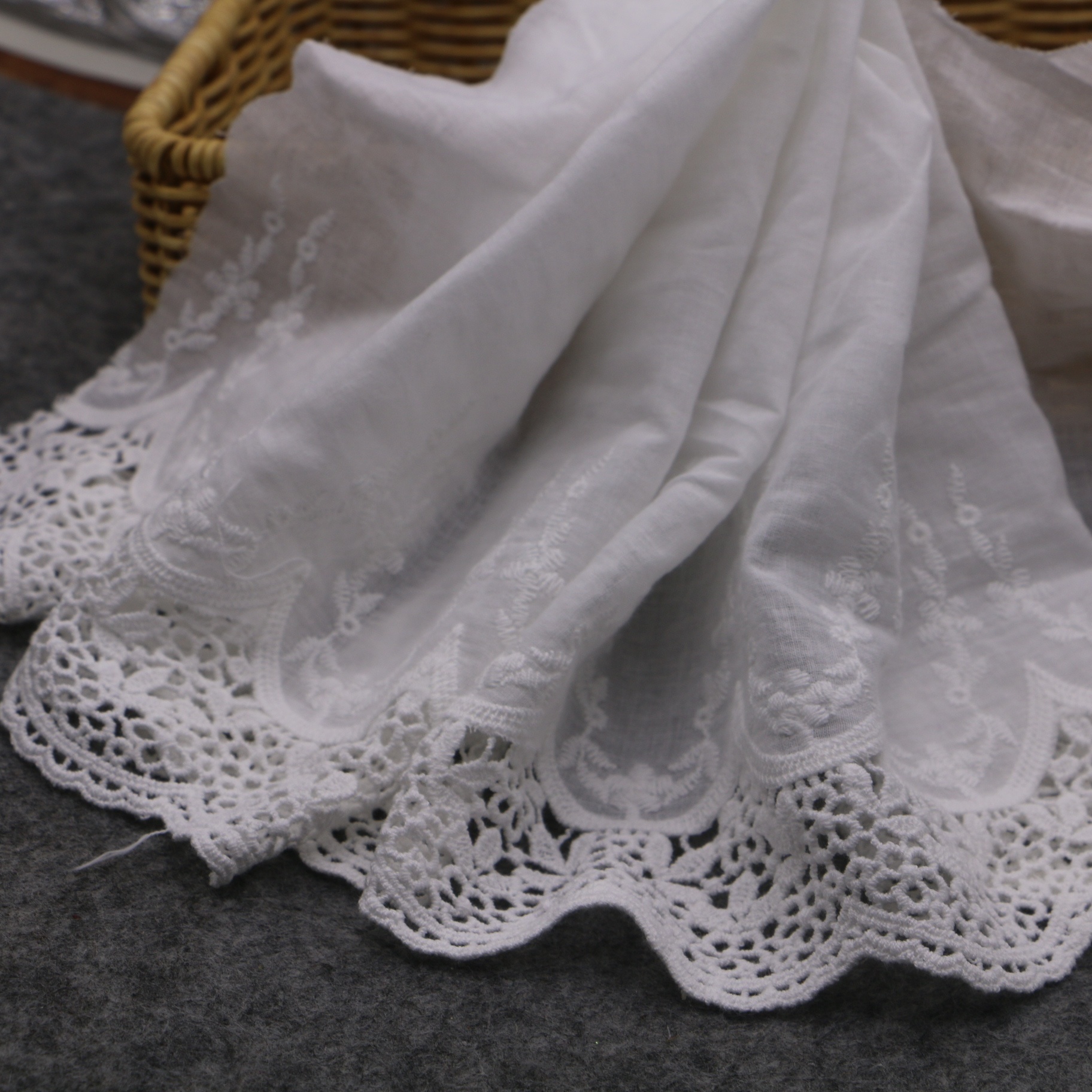 White Cotton Lace Fabric, Embroidered Lace Fabric, Wide Cotton Floral Lace  