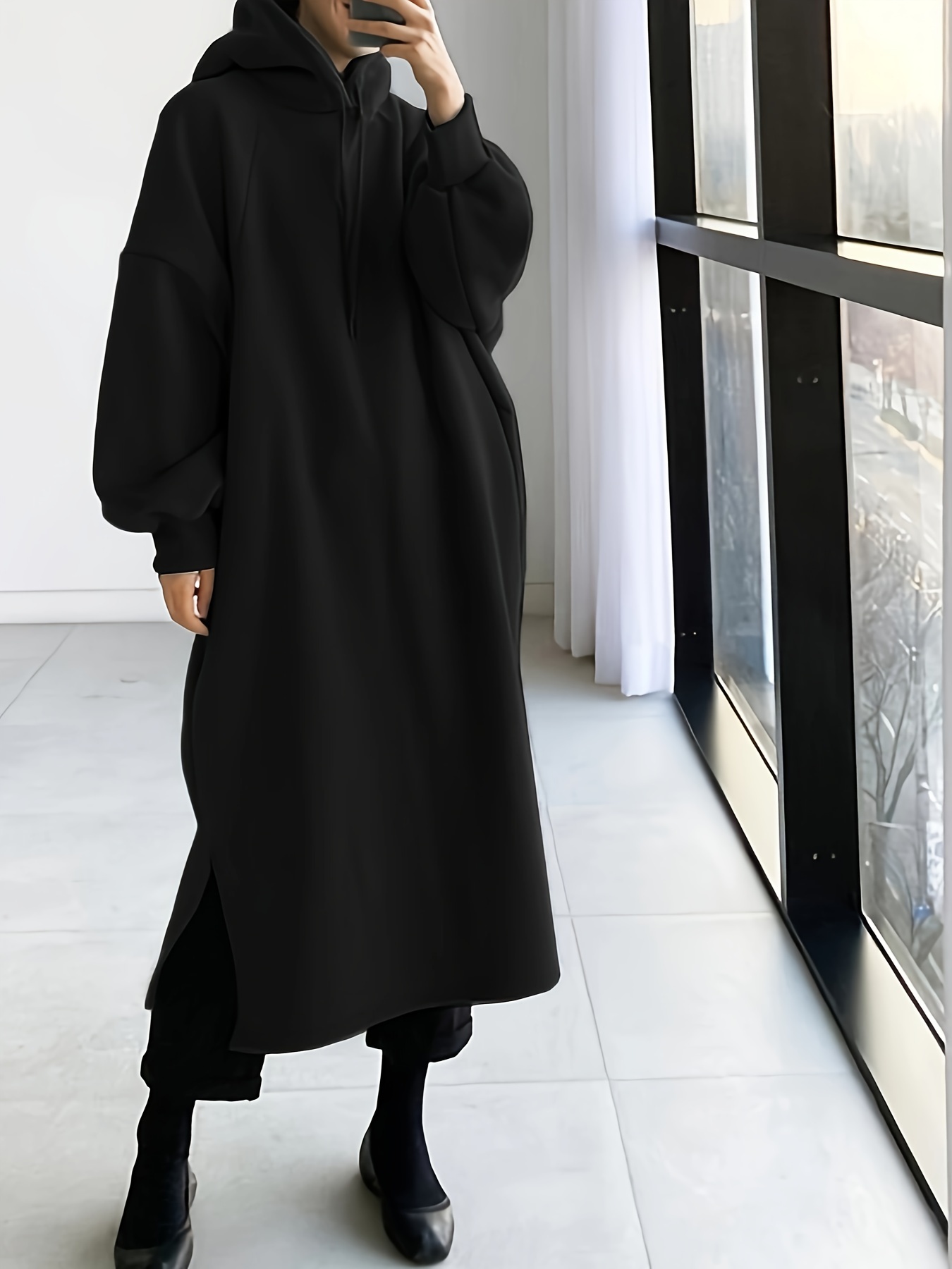 Oversize Long Sleeve Tunic Hoodie - Black