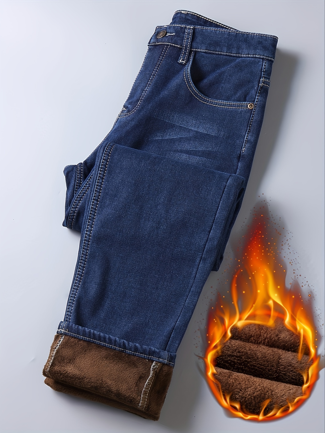 Winter New Men's Warm Jeans Classic Style Fleece Thicken Stretch