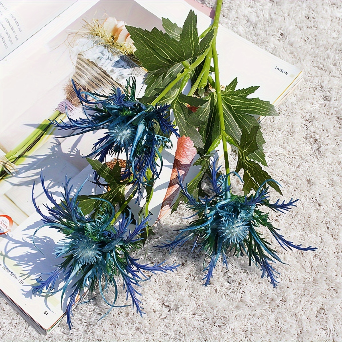 3pcs, Artificial Thistle Bouquet, Artificial Spray Geranium Plant Rustic Thistle Sea Holly, Wedding Party Home Office Decor