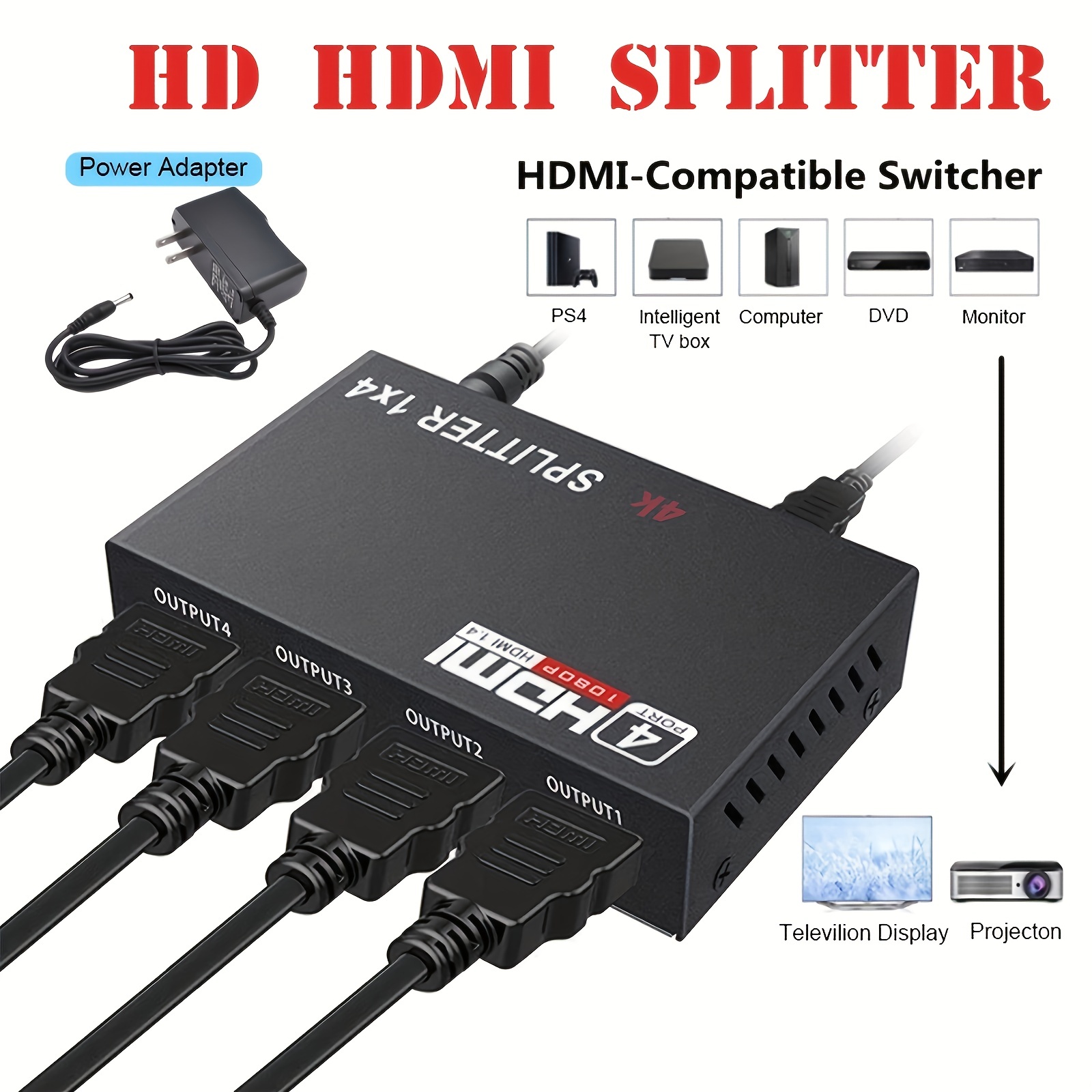 Switch HDMI Splitter HDMI 4K 1 entrée / 2 sorties Répartiteur 1x2 Full HD  1080p