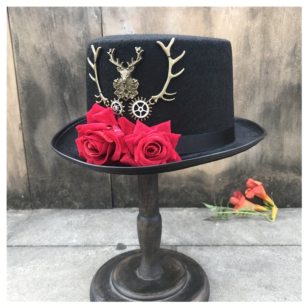 Red Rose Deer Antlers Top Hat Black Vintage Victorian Style - Temu