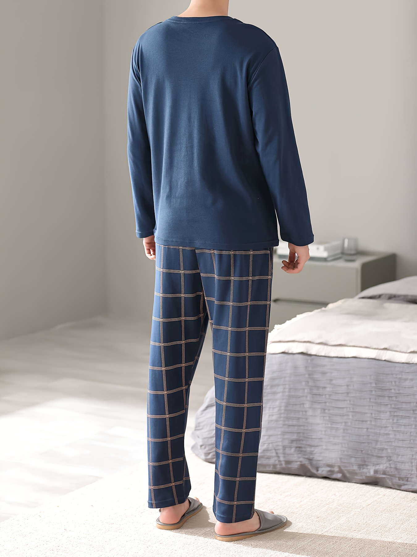 Men's Simple Style Cotton Casual Pajamas Thin Sets, Solid Long Sleeve Crew Neck With Chest Pocket Top & Loose Checkered Pants Lounge Wear, Outdoor Sets For Spring Autumn
