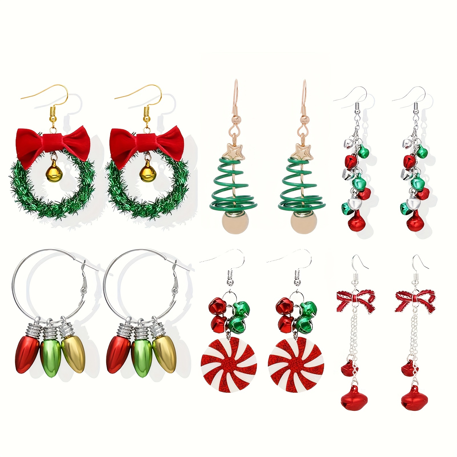 TEMU Set Of 12 Adorable Christmas-themed Earrings Featuring Bows, Candy Bells, And Christmas Trees, Perfect For Festive Parties And As Gifts For