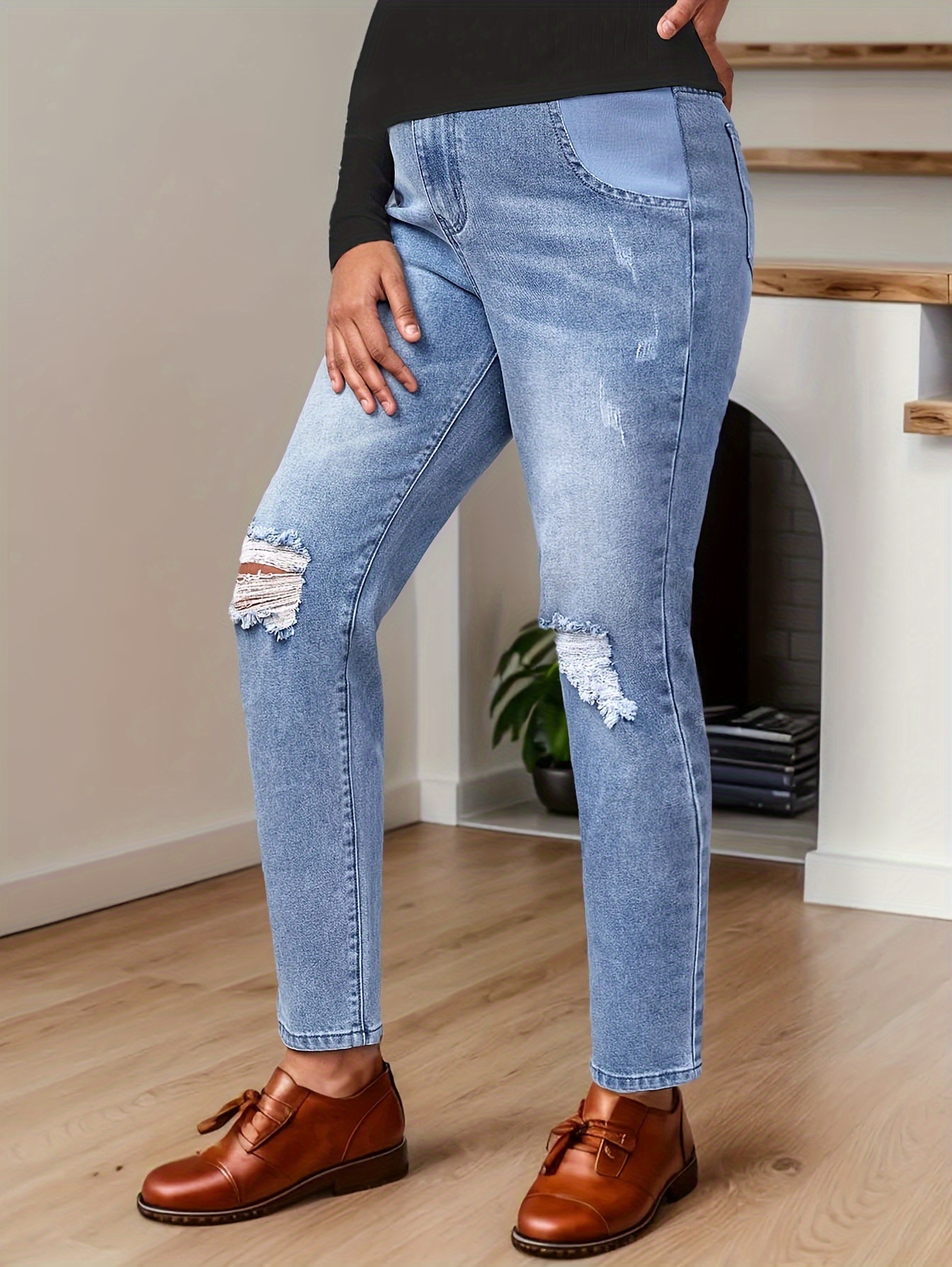 Women's Maternity Solid Ripped Jeans Fashion Casual Denim - Temu