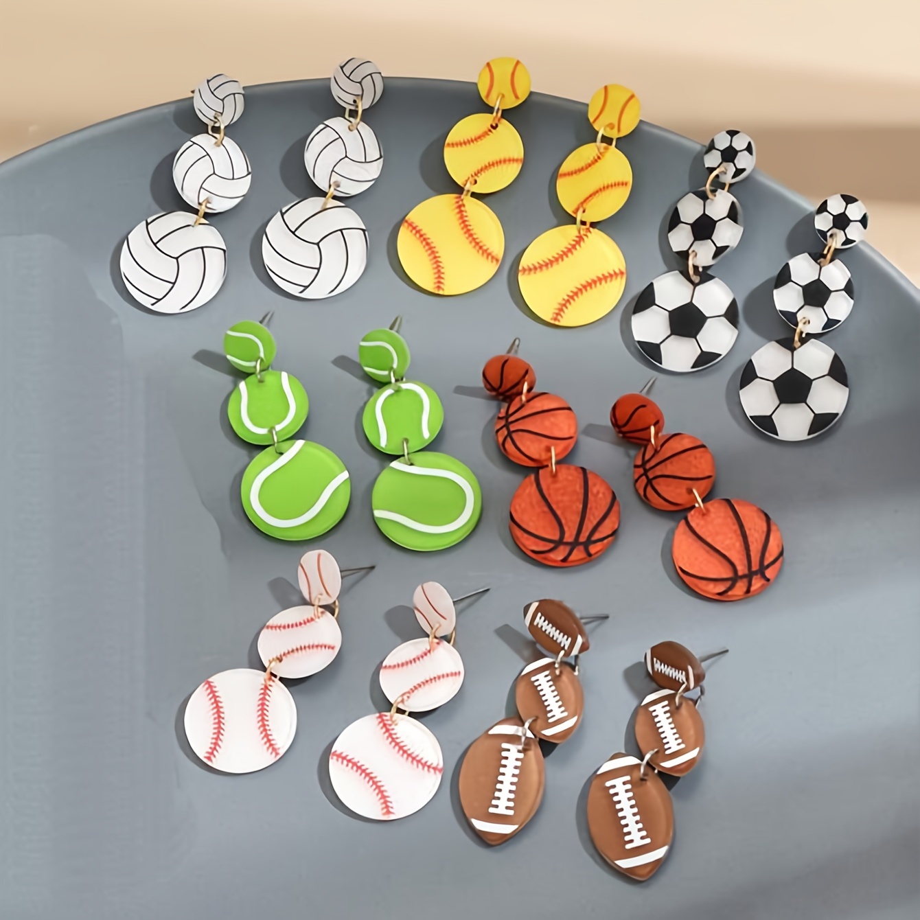 

Various Sports Ball Design Trio Earrings Volleyball/ Baseball/ Rugby/ Basketball/ Football Design Dangle Earrings Sports Game Day Earrings