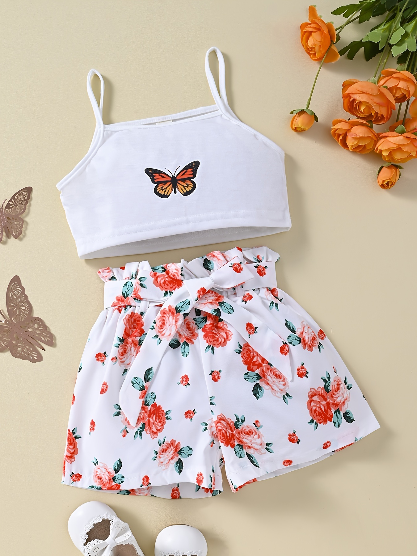 2-piece Kid Girl Butterfly Print Camisole and Belted Floral Print Shorts Set