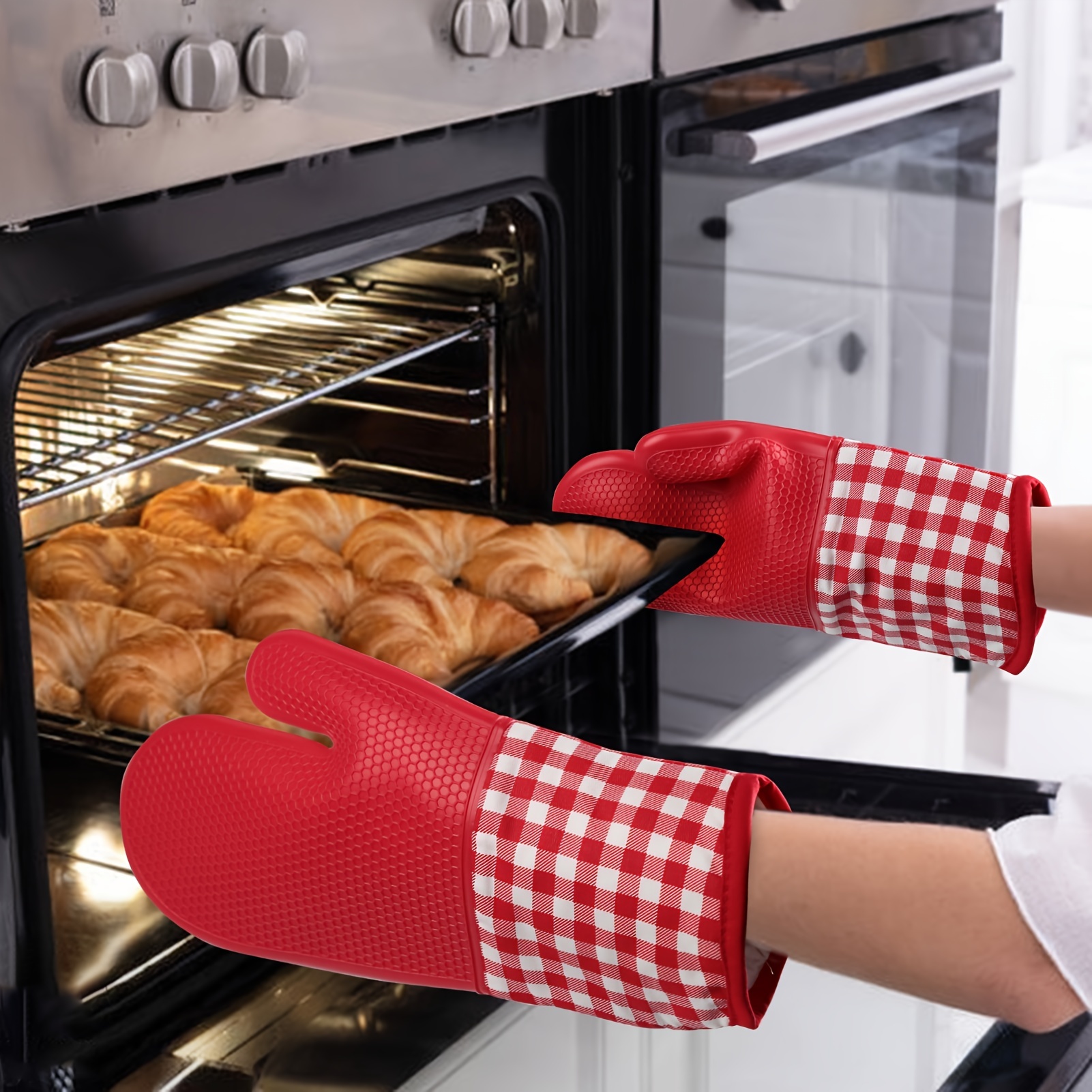 Silicone Oven Mitts Plaid Pattern Thicken Heat Resistant - Temu