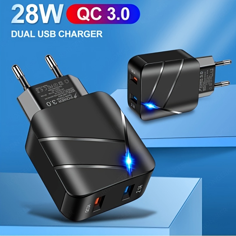 

Dual Usb Charger 28w, Quick Charge Qc 3.0, Fast Charging Power Adapter, Eu Plug, Travel Charger For Mobile Phones With Led Indicator