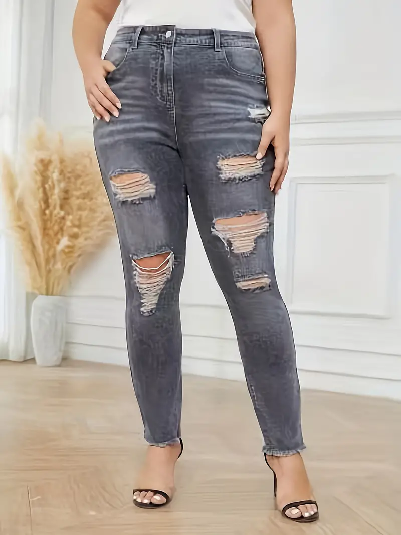 plus size retro jeans womens plus ripped low waisted raw hem high stretch washed denim pants details 1