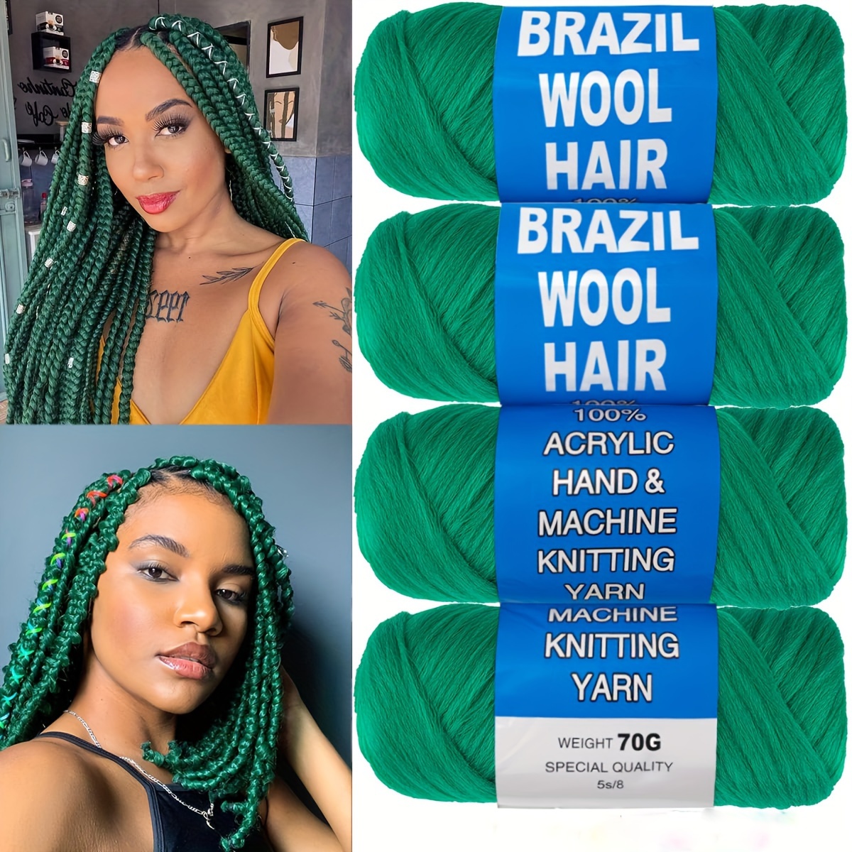 4Packs Brazilian Yarn Wool Braiding Hair Acrylic Thread With Free Crochet  Hook, Afro Braids Synthetic Hair Extension