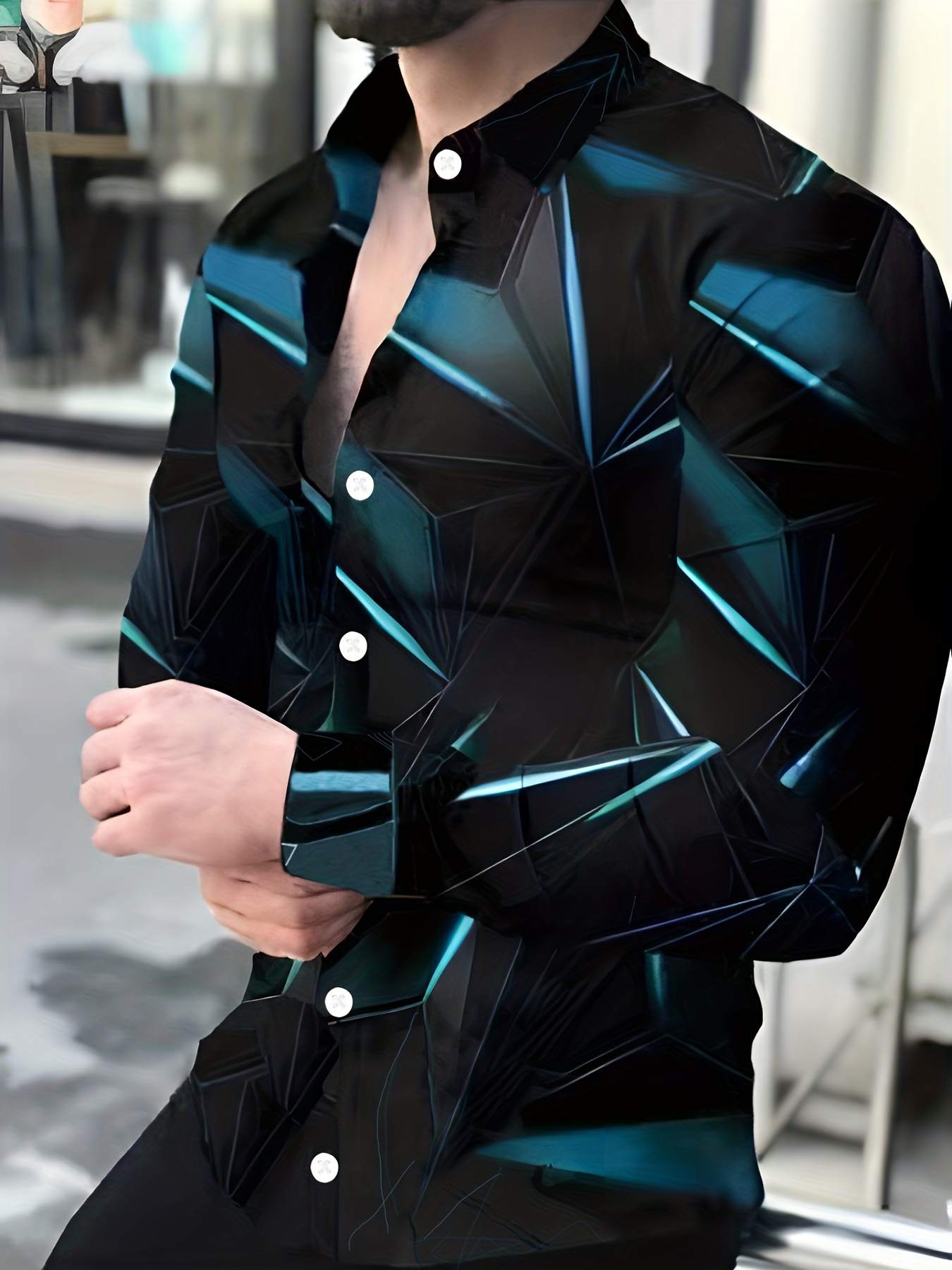 Geometric Print Men's Casual Button Long Sleeve Shirt Men's - Temu