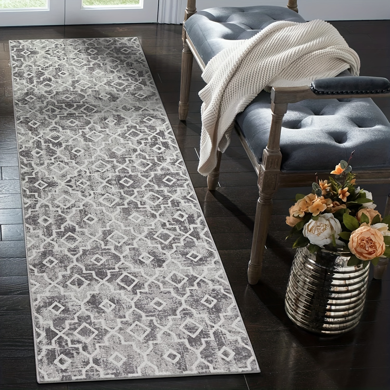 Grey Black Bohemian Tribal Area Carpet, Retro Grid Small Entrance