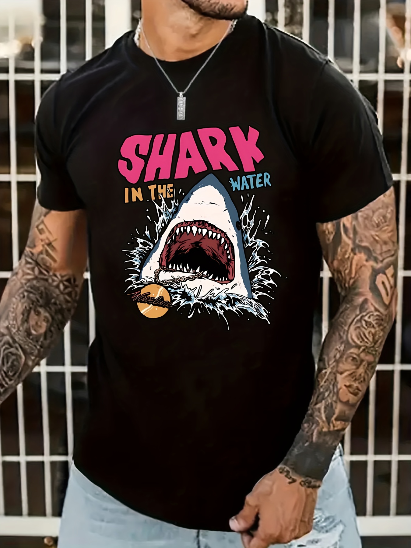 Shark Pattern T shirt Men's Casual Street Style Stretch - Temu New