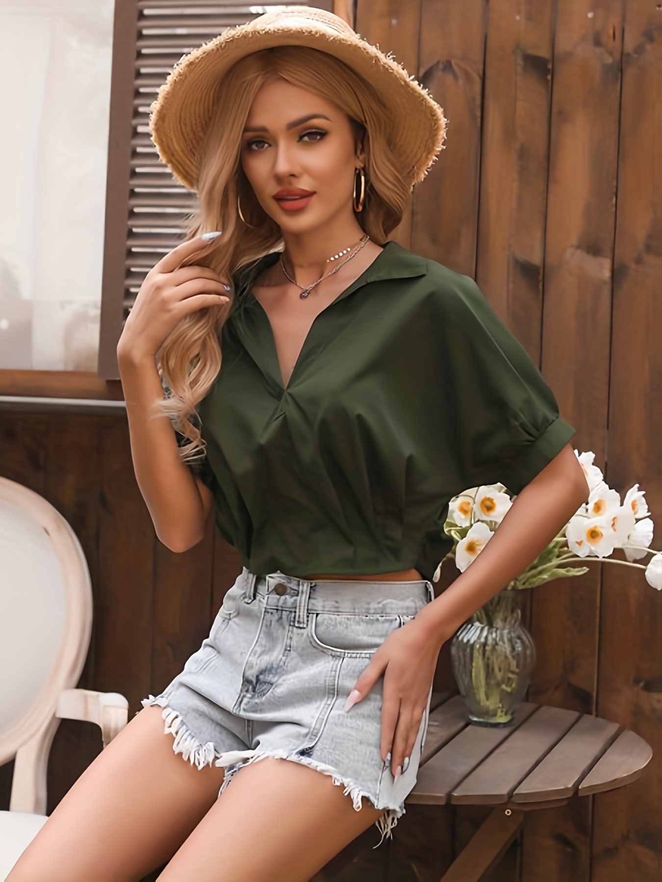 Solid Ruched Blouse Sexy V Neck Short Sleeve Summer Blouse - Temu