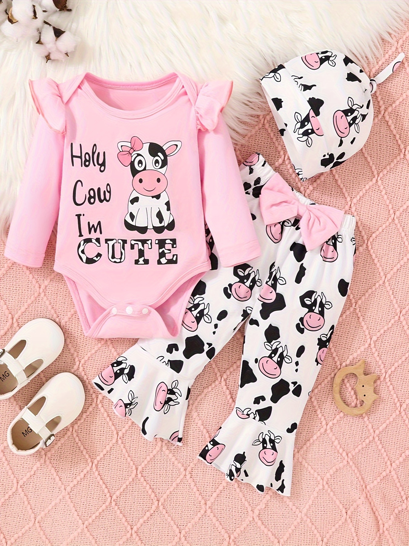 3pcs Baby Boy Letter Print 100% Cotton Long-sleeve Bow Tie Romper and Cow Print Pants with Hat Set