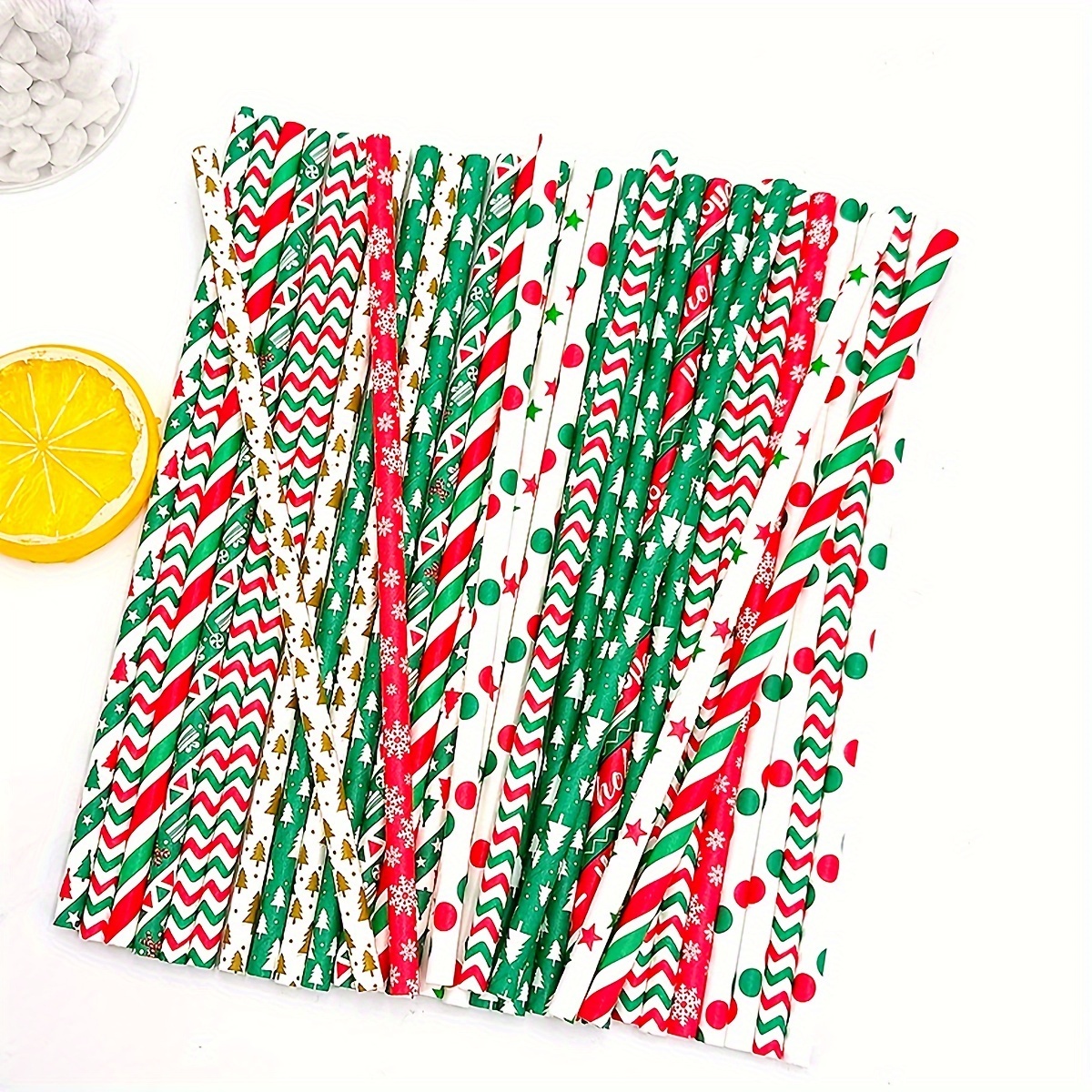 25pcs Disposable Red & Green Stripe Candy Cane Paper Straws