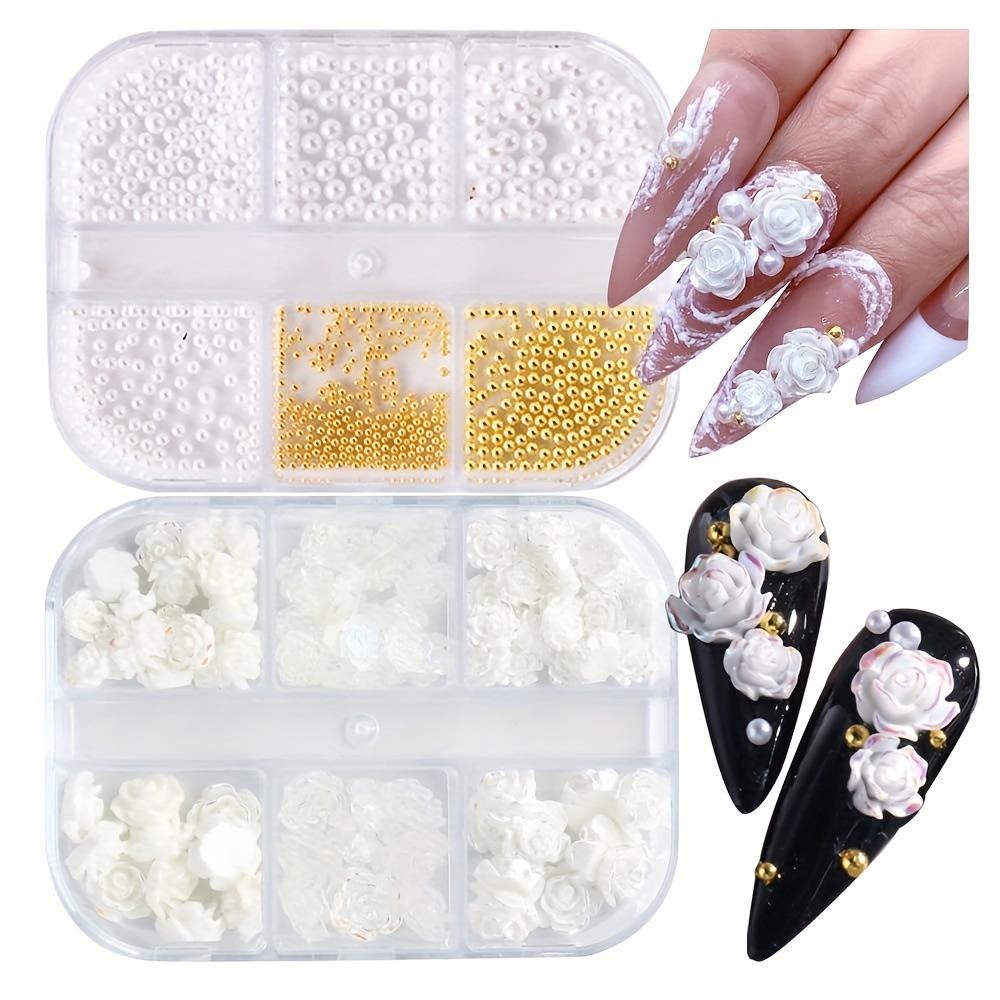 Pearl Decor Nail Charms White Natural Round Camellia Flower Art Accessories  Mix