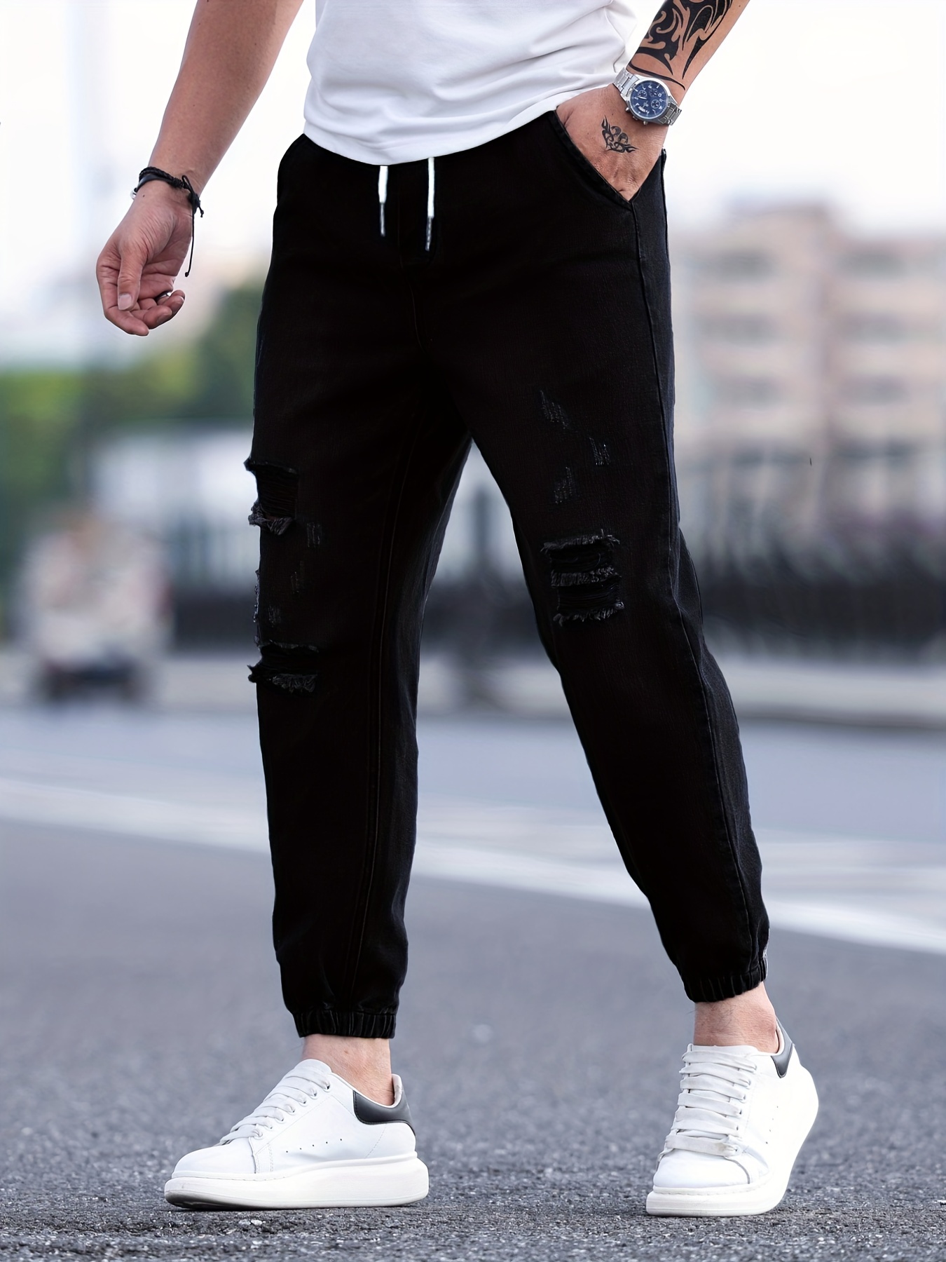Men's Casual Loose Cotton Jogger Jeans - Temu