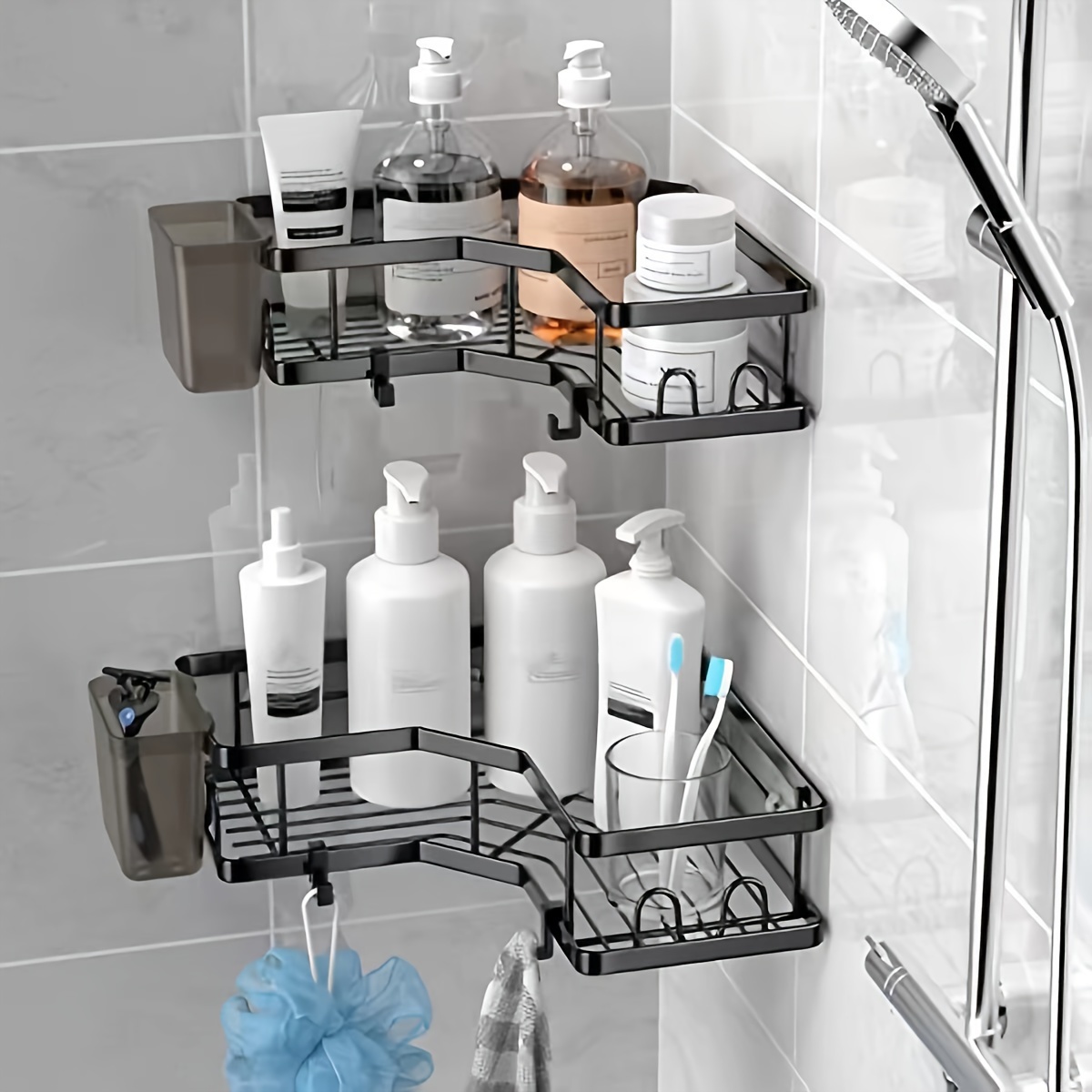 OMAIRA Shower Caddy, Adhesive Shower Organizer with 4 Hooks, No