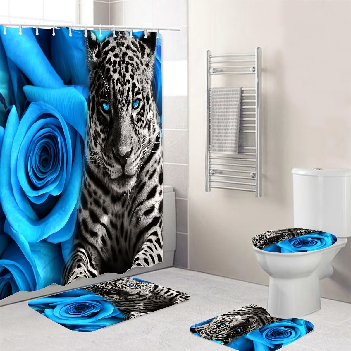 1pc Blue Rose And Leopard Shower Curtain With Non Slip Rugs Toilet Lid  Cover And Bath Mat Animal Shower Curtain With 12 Hooks Durable Waterproof Bathroom  Decor | Don't Miss These Great