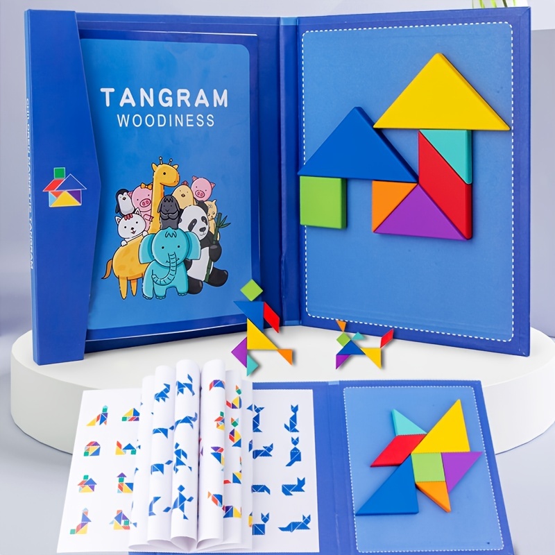 7 Colored Wooden Pattern Tangrams for Kids - Magnetic Puzzle Book Toys & Travel Games