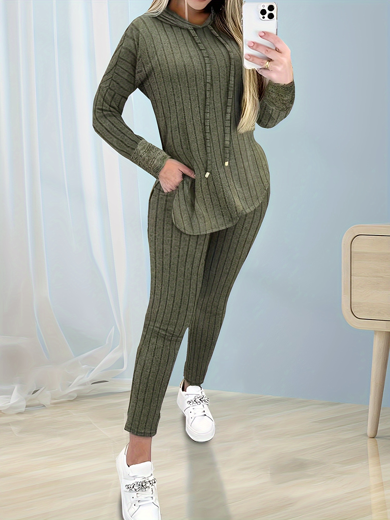 Casual Comfy Two-piece Set, Drawstring Long Sleeve Top & Solid Skinny  Leggings Outfits, Women's Clothing