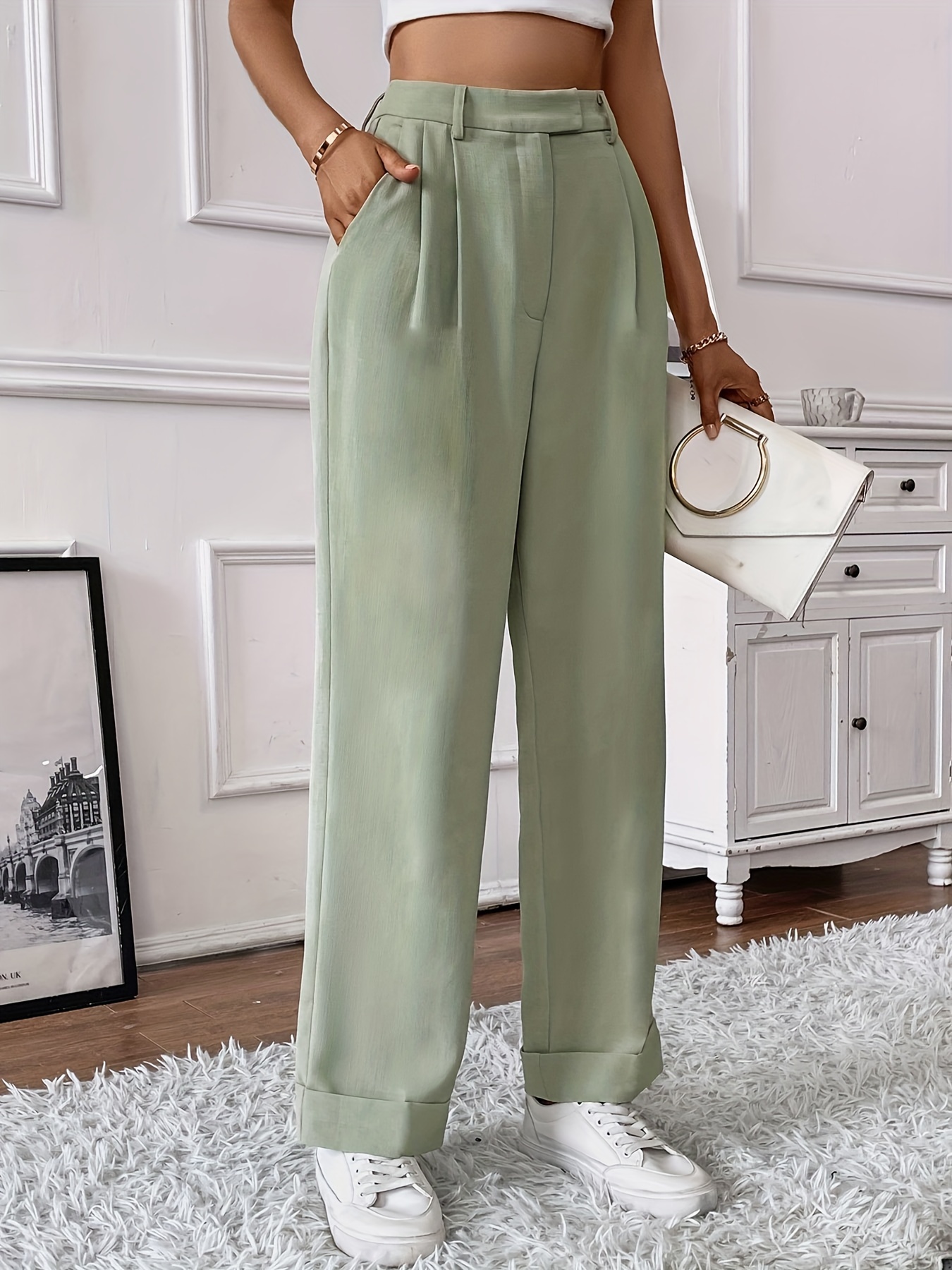 Solid High Waist Long Length Pants Casual Stretchy Pleated - Temu