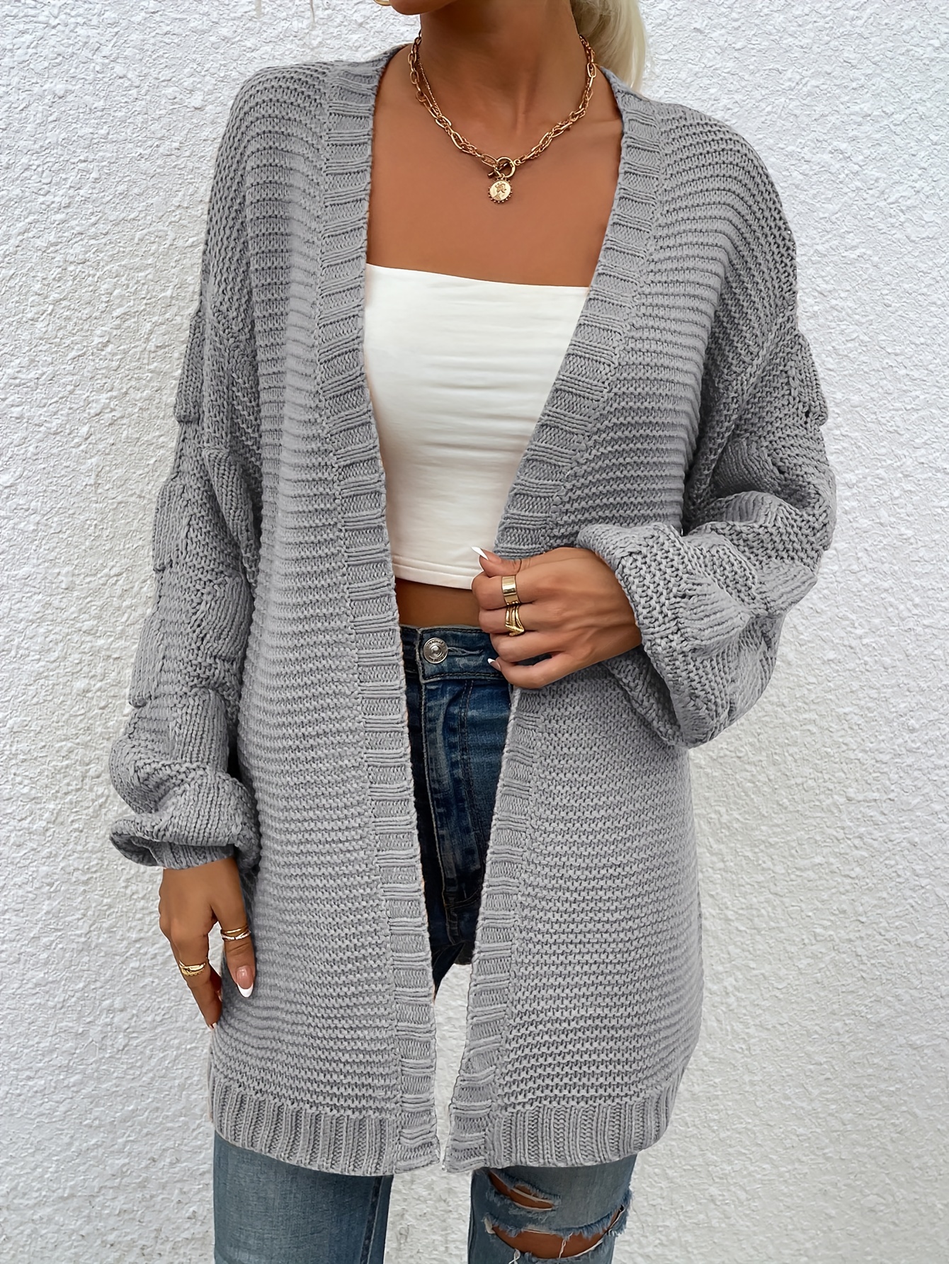 Solid Open Front Knit Cardigan, Casual Long Sleeve Loose Sweater, Women's  Clothing