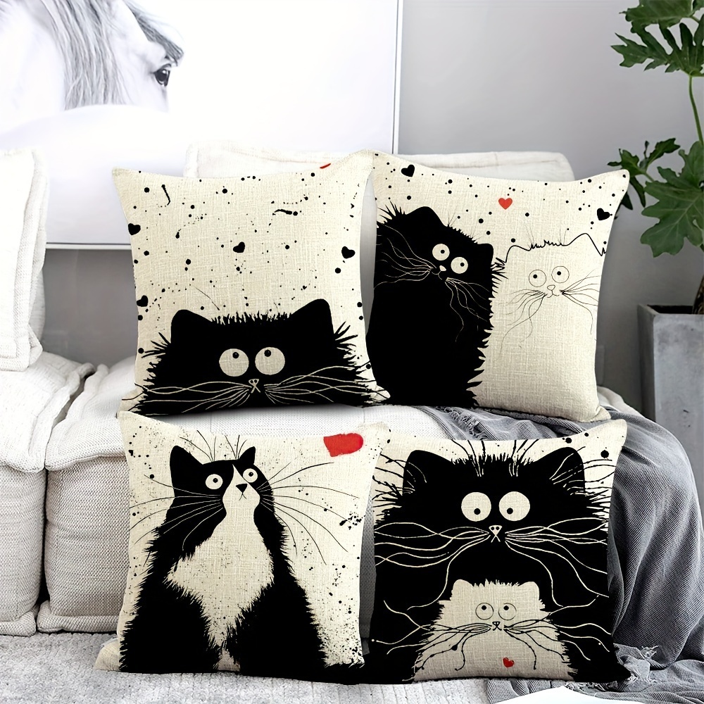

4pcs Kawaii Cat Pattern Linen Pillowcases - Soft And Cozy Pillow Cover For Living Room, Bedroom, Car, And Home Sofa Bed - 18x18 Inches