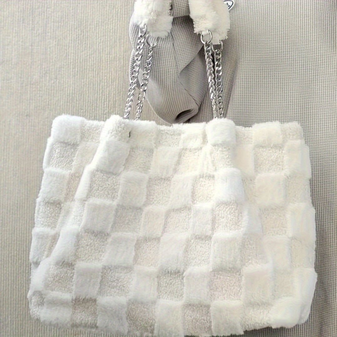 Plush Bag Winter Soft Fluffy Shoulder Bag Women Checkerboard Print