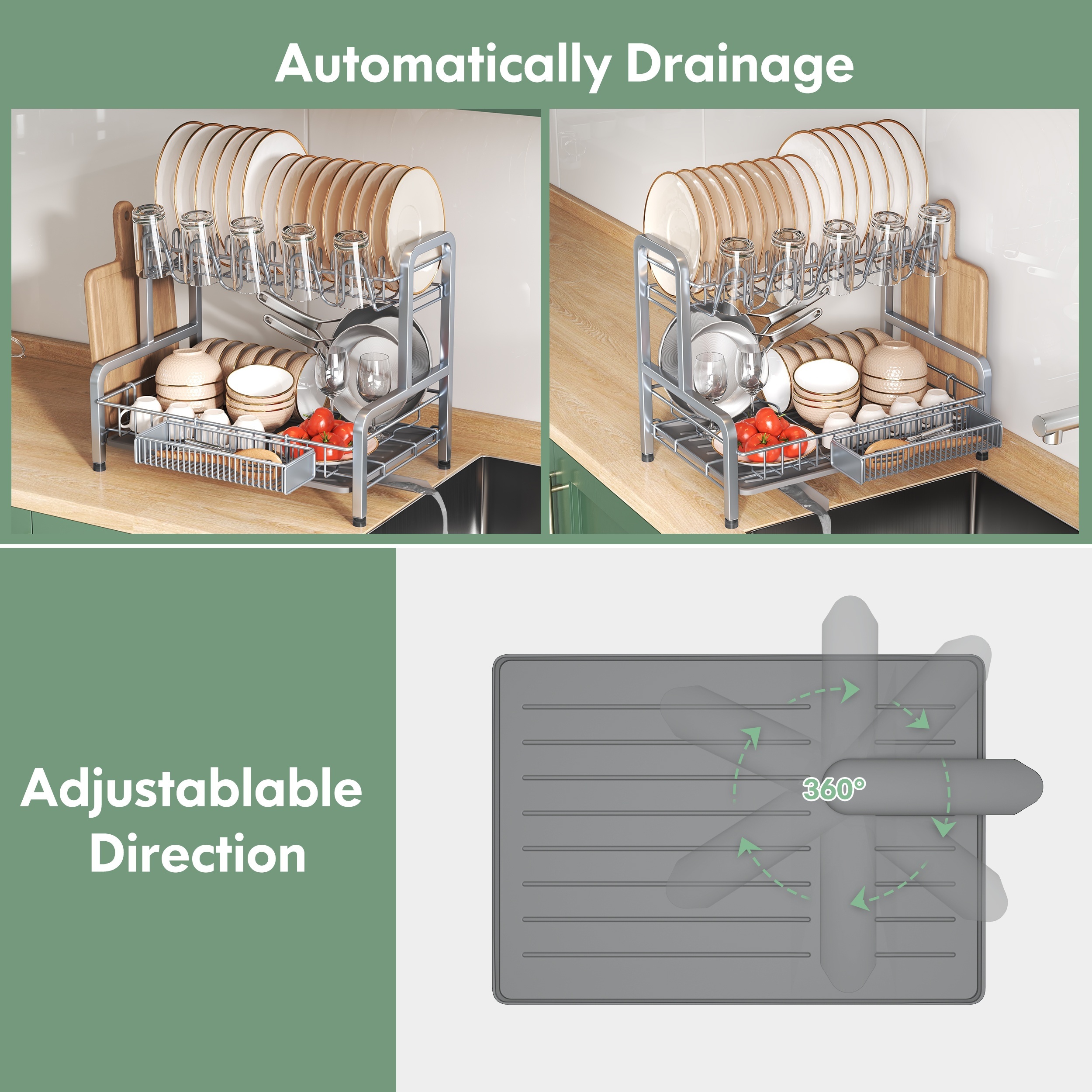 romision Dish Drying Rack and Drainboard Set, 2 Tier Large Stainless Steel  Sink Organizer Dish Racks