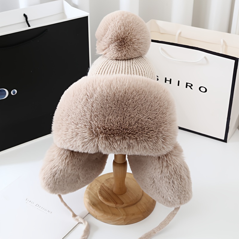 Winter Warm Knitted Hat With Earflap Thick Plush Winter Hat - Temu