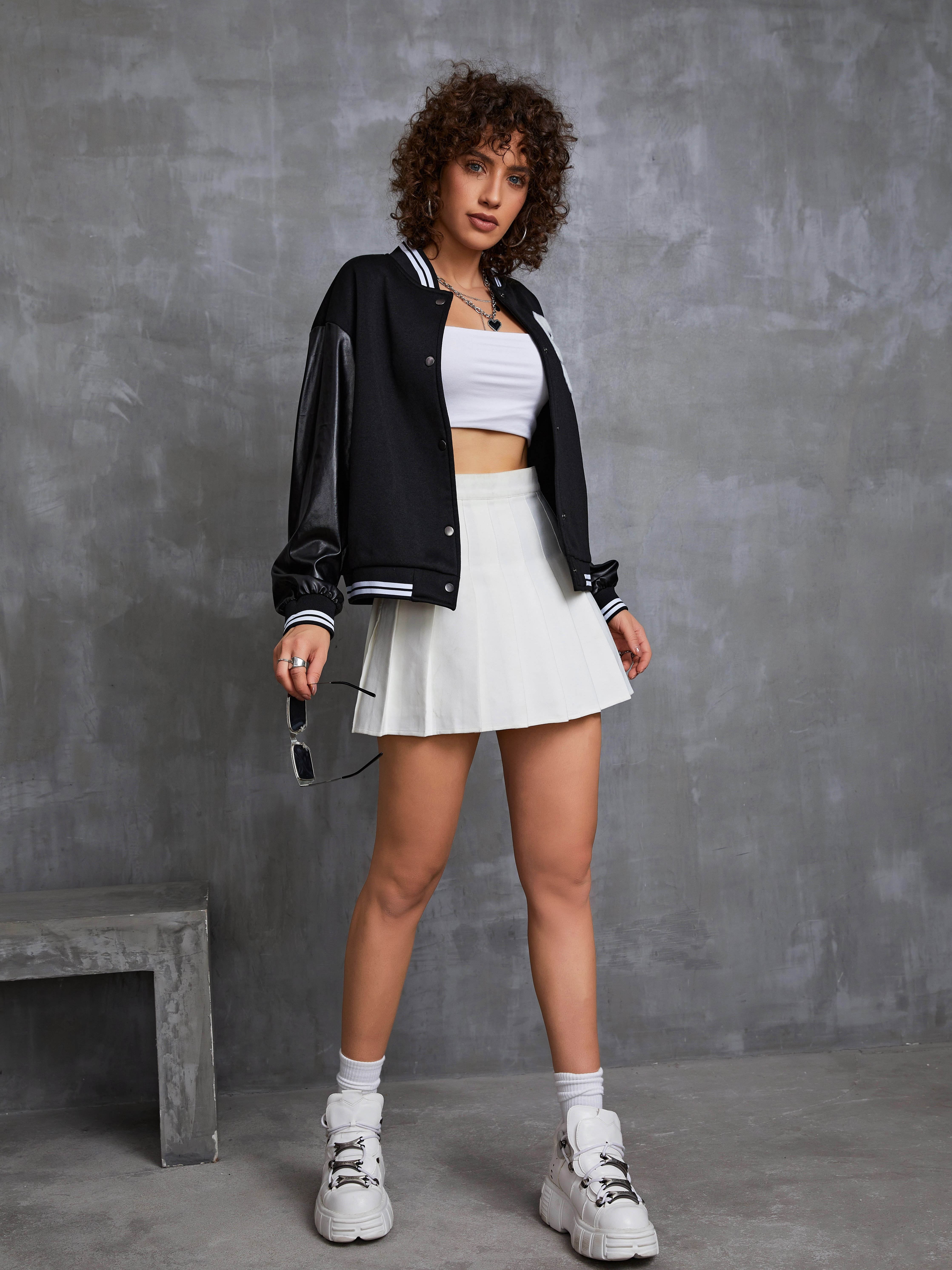 Varsity Print Baseball Jacket Letterman Women Crop Streetwear