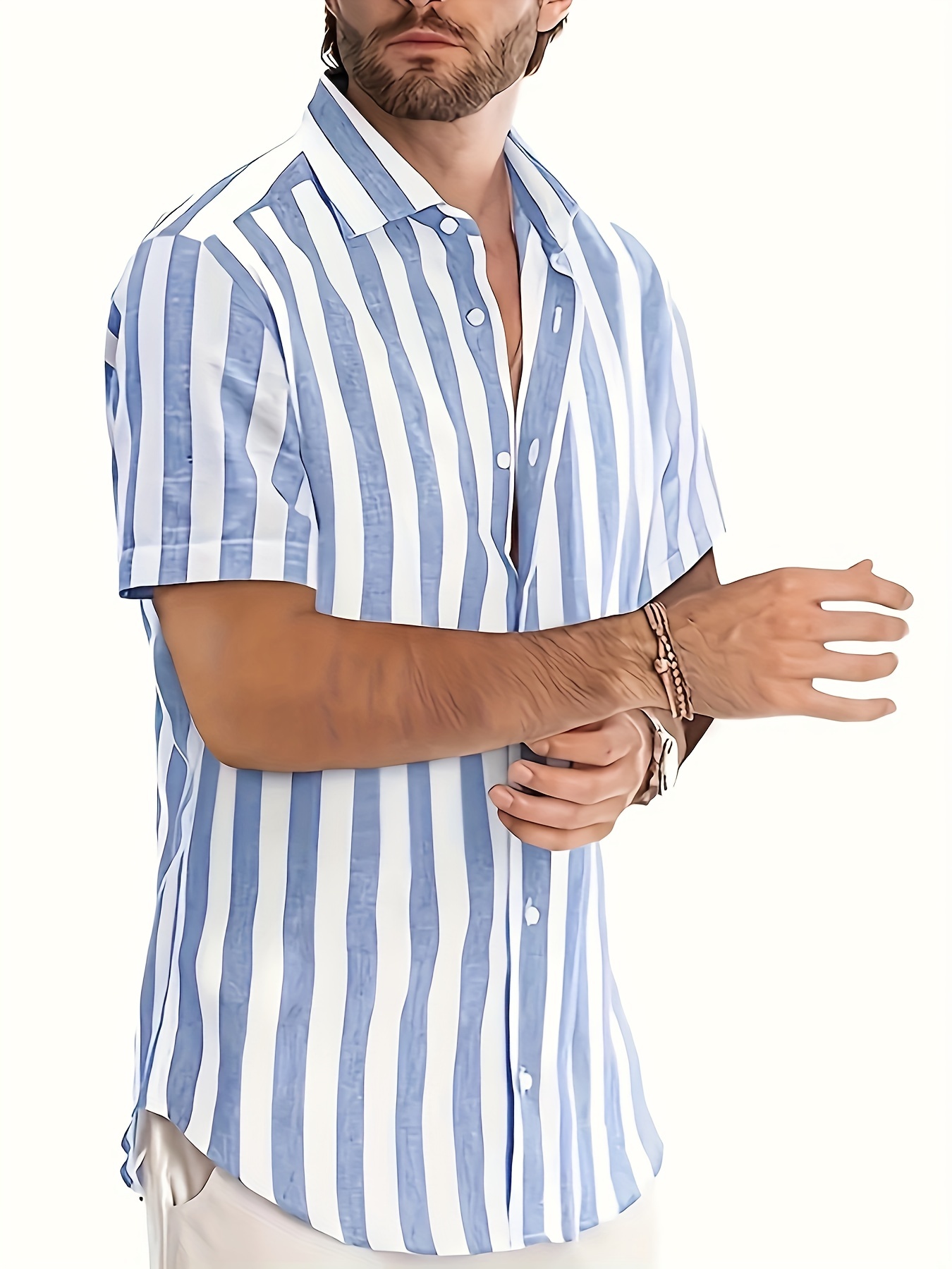 Men's Shirt Top Vertical Striped Lapel Short Sleeves Closure - Temu