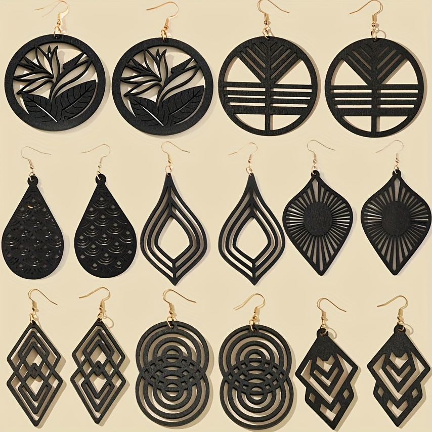 

8 Pairs/ Set Black Series Hollow Carved Pattern Dangle Earrings Retro Vacation Style Wooden Jewelry Fall Winter Ear Ornaments