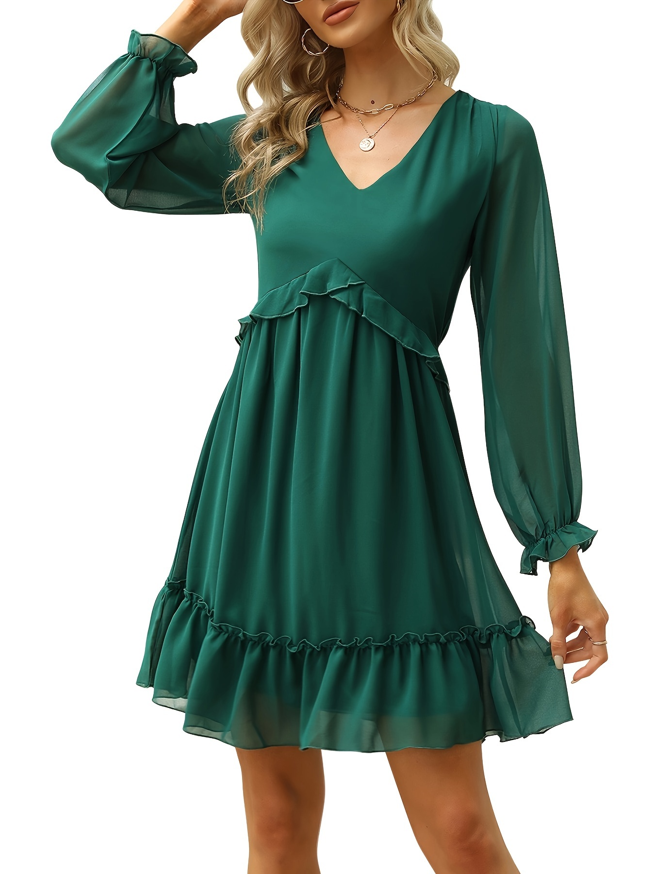 Women's Dresses Ruffled V Neck Elegant Long Sleeve Solid - Temu