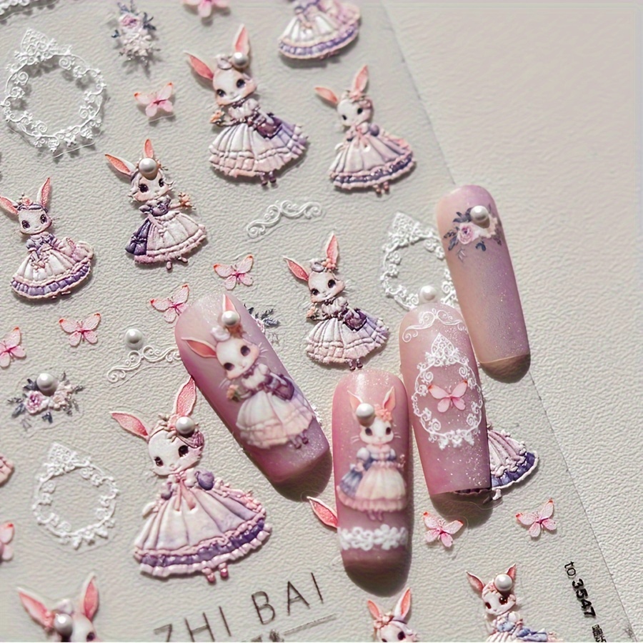

5d Embossed Nail Art Stickers, Cute Cartoon Bunny Princess Design Nail Art Decals For Nail Art Decoration, Self Adhesive Nail Art Supplies For Women And Girls