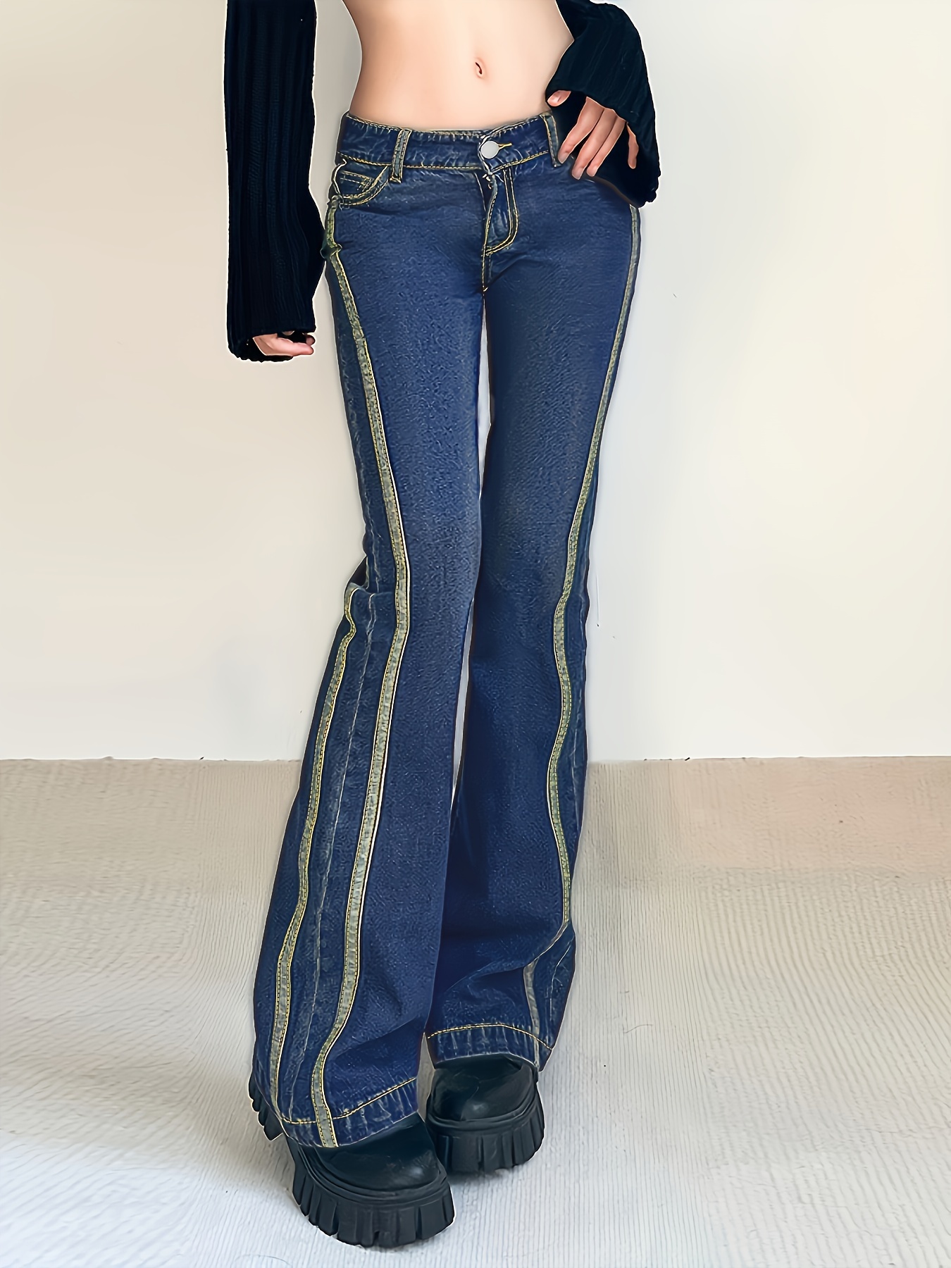 Navy Blue Floral Embroidered Flare Jeans Mid stretch Slim - Temu Canada