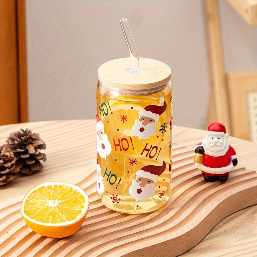 1pc Ice Coffee Cup with Bamboo Lids and Glass Straw,16oz Can