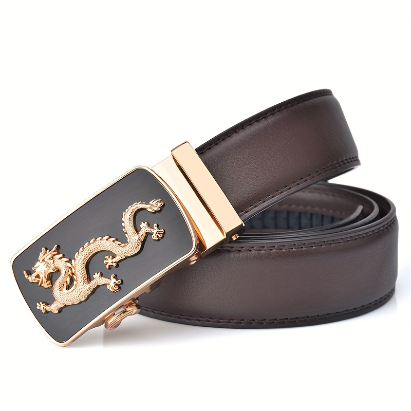Men's Leather Belt Dragon Pattern Automatic Buckle Business Suit Waist Strap