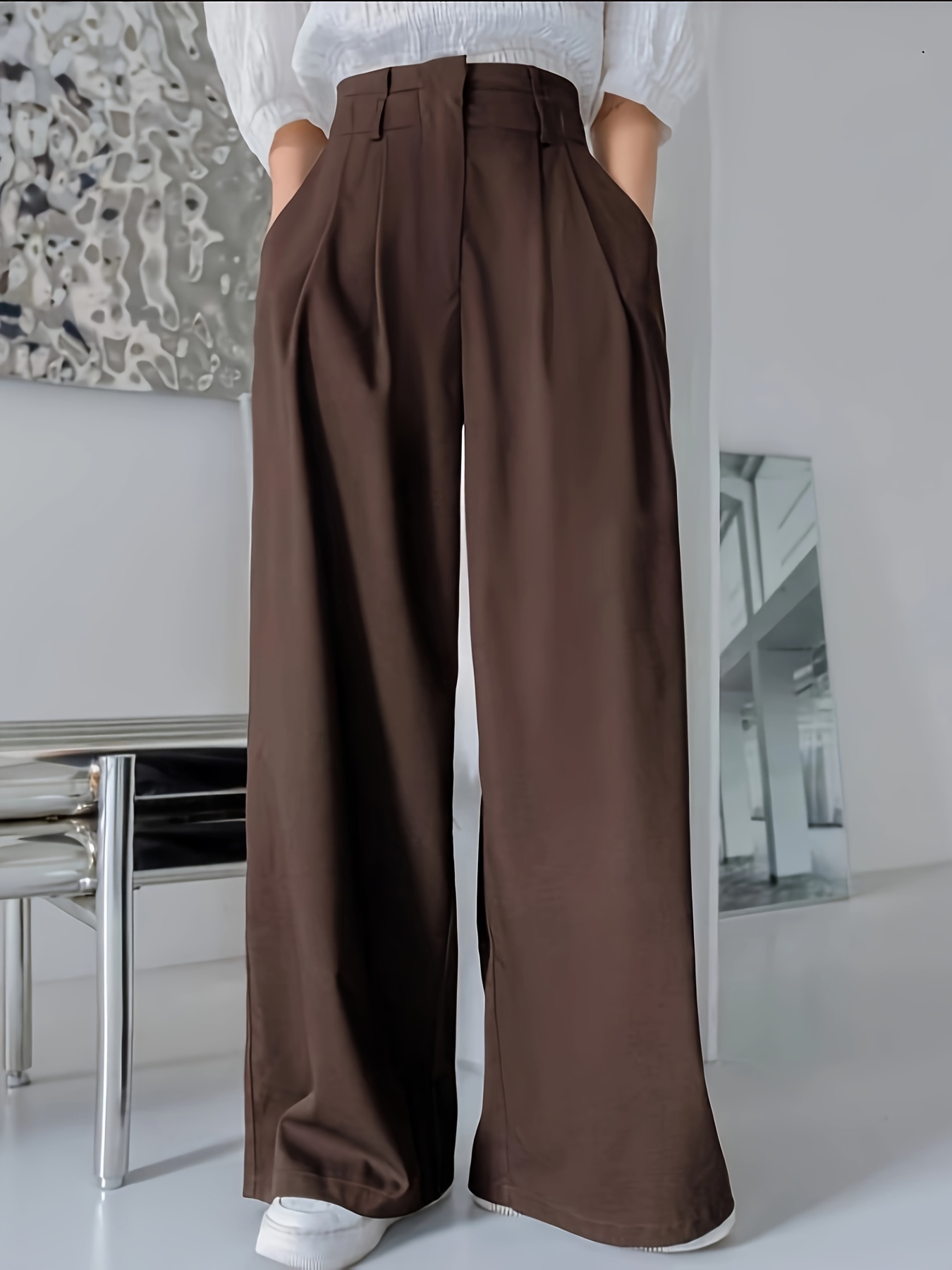 Minimalist Slant Pocket Wide Leg Pants Casual Shirred Pants - Temu