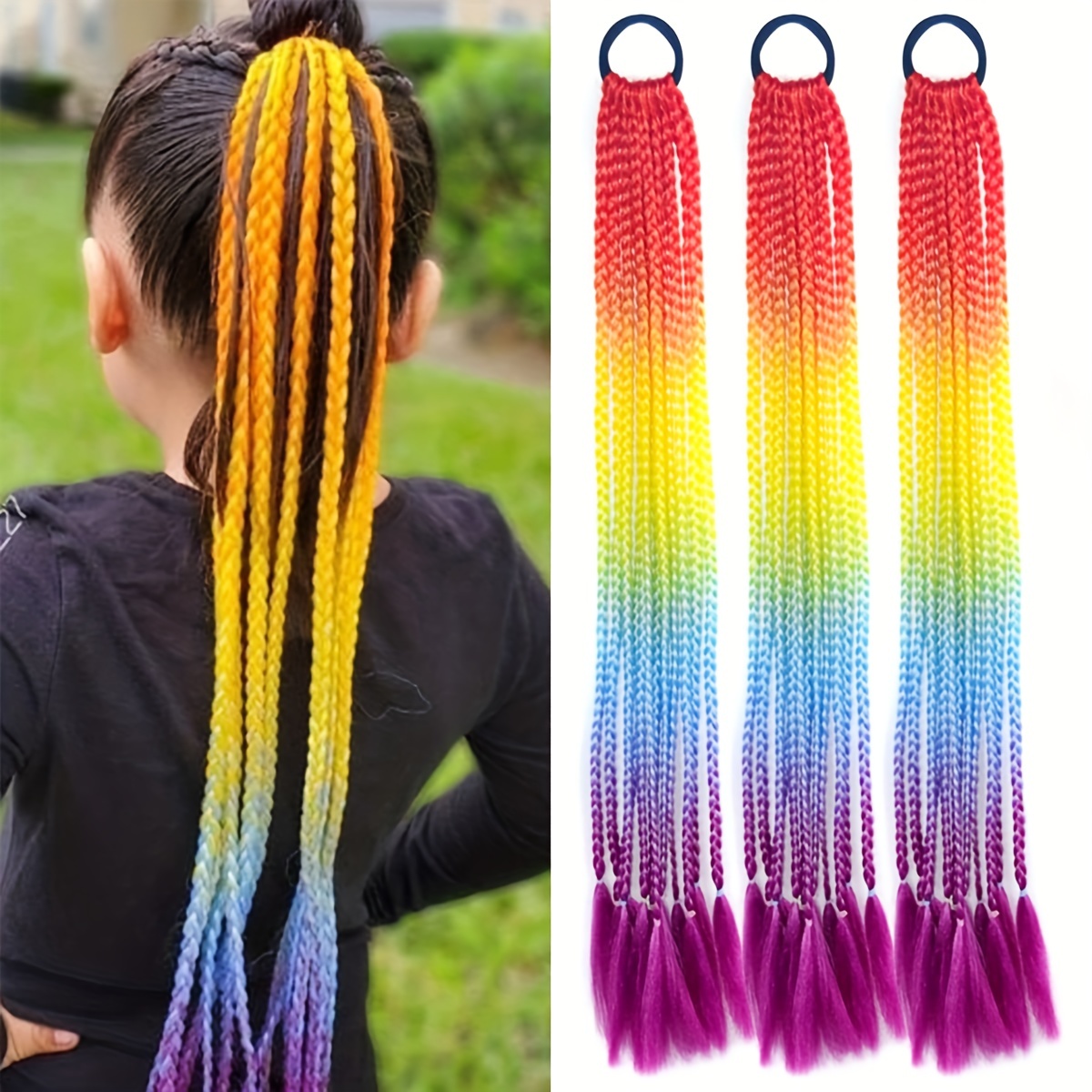 12 Pack Long Braid Hair Extensions with Elastic Bands - Rainbow Braids