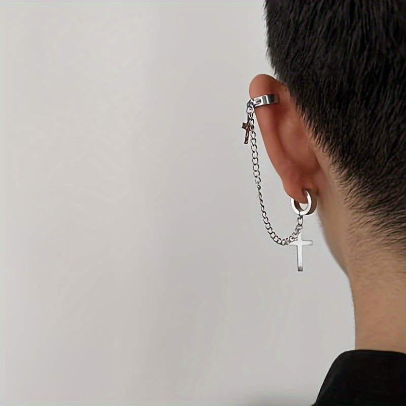 Punk Cross Clip Cross Earrings Men Cuff With Tassel Pendant