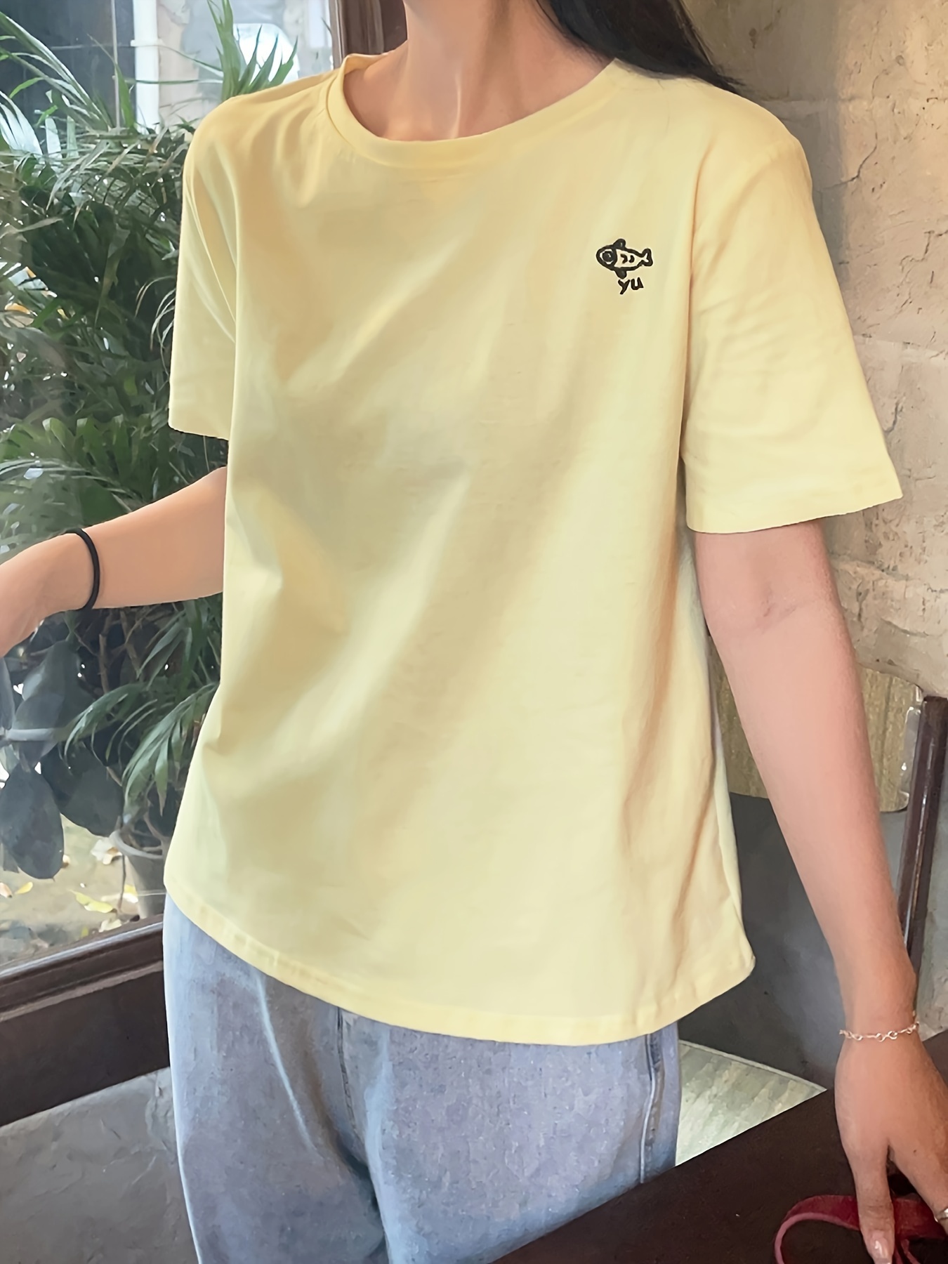 Fish Bone Print Crew Neck T-shirt, Casual Short Sleeve Top, Women's Clothing