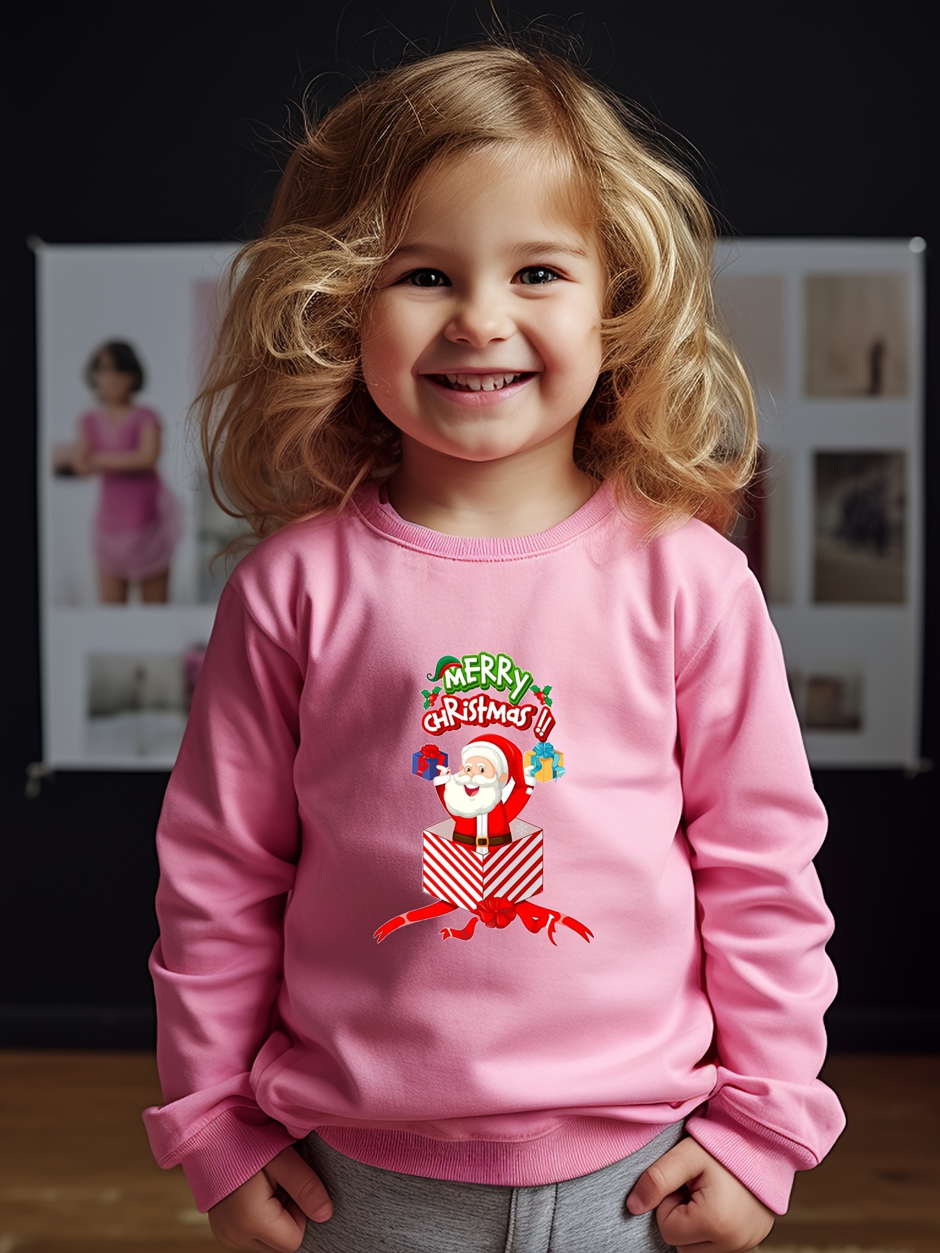 Christmas Santa Print Girls Sweatshirt Crew Neck Tops