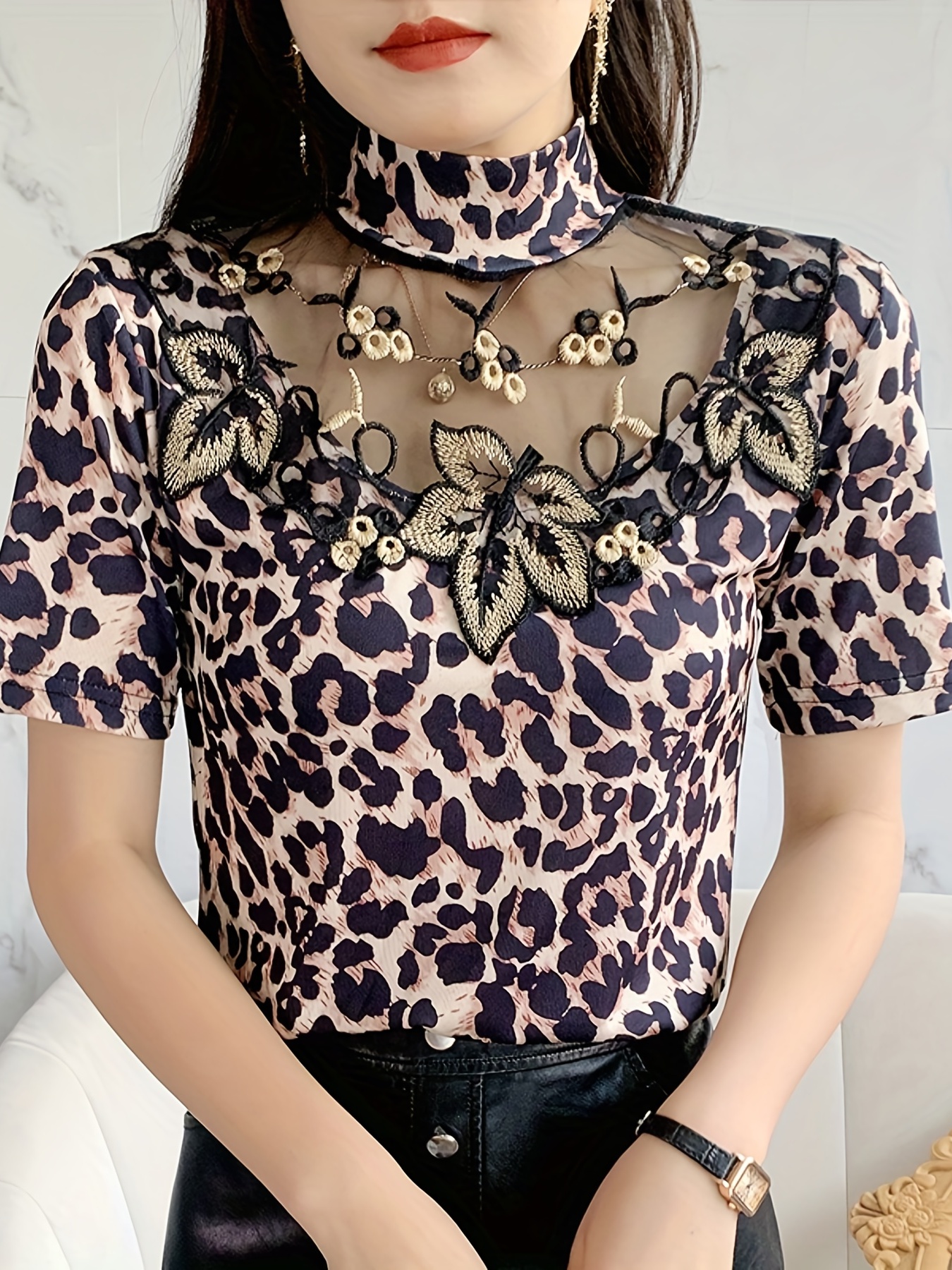 Leopard Print Contrast Mesh Turtleneck T-Shirt, Casual Short Sleeve Top For  Spring & Summer, Women's Clothing