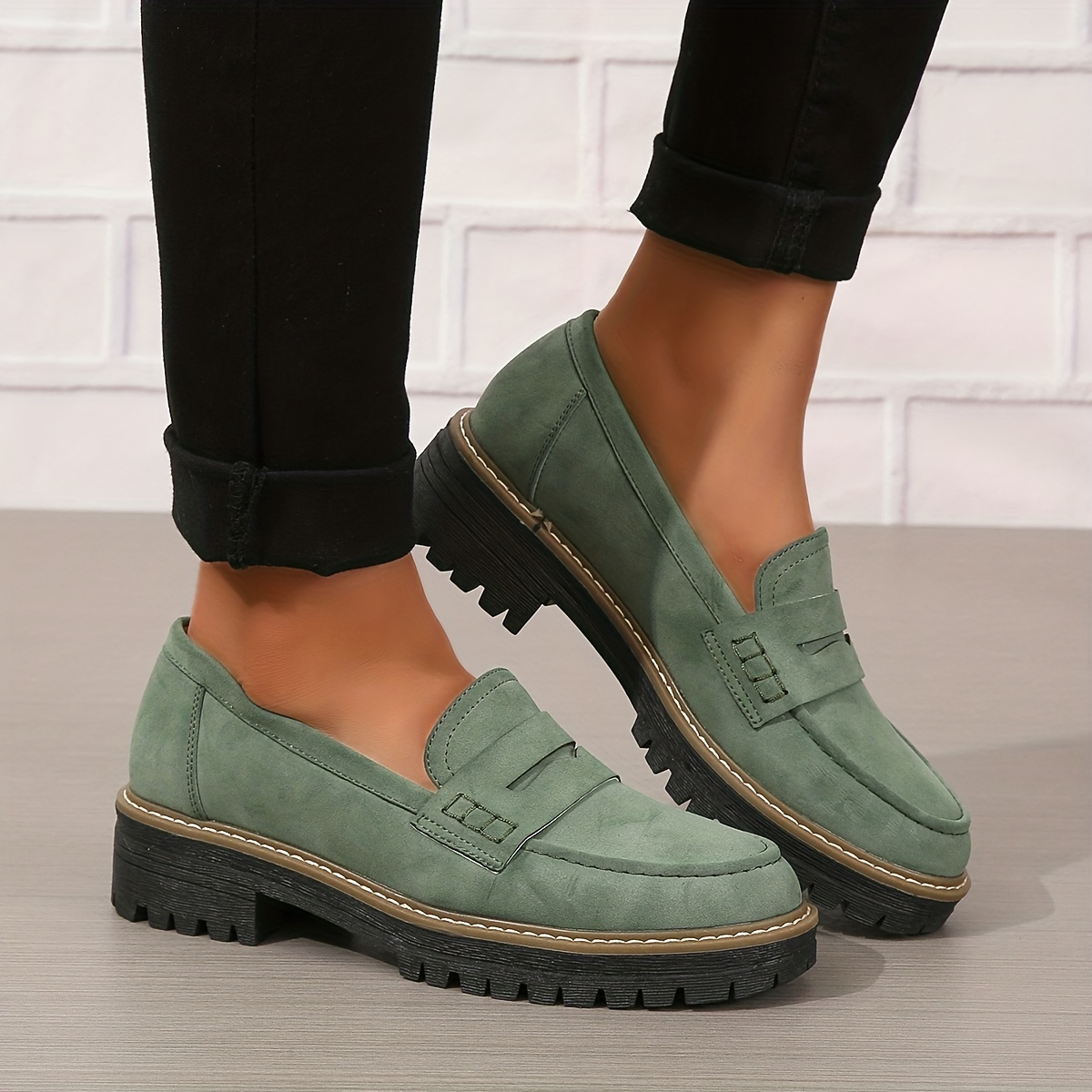 Dicke Halbschuhe für Damen, einfarbige Überschuhe mit runder Spitze im Retro-Stil, Schuhe aus Vollkunstleder_voghion.com