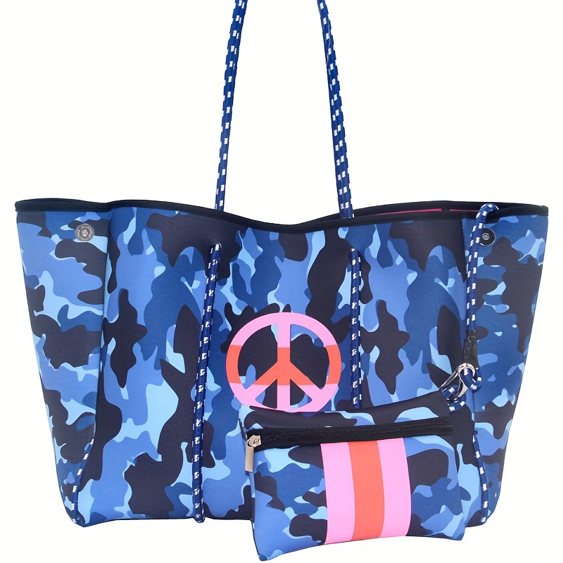 Camo Pattern Tote Bag Double Handle With Small Pouch Beach Bag